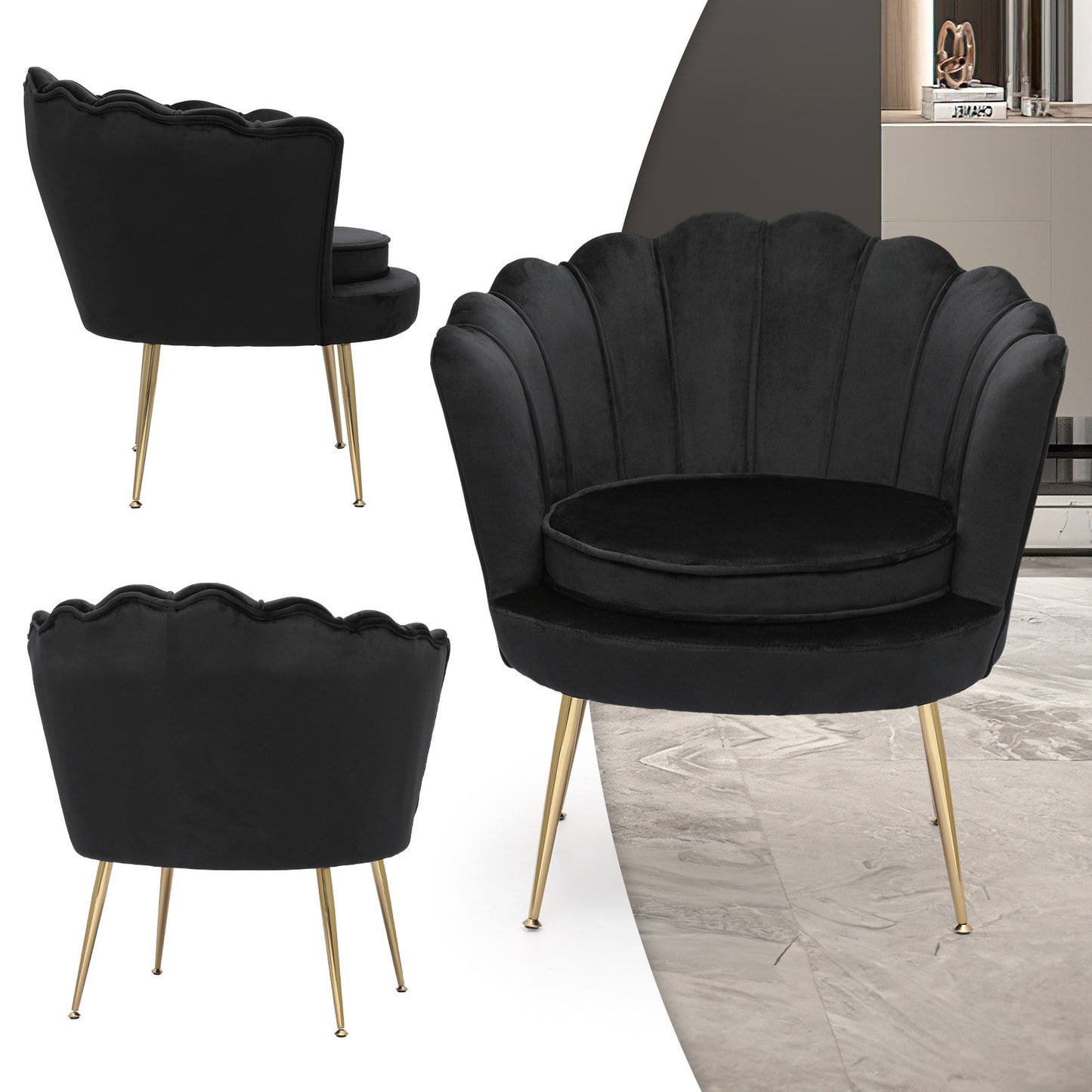 Velvet Upholstered Vanity Accent Chair Armchair w/Footrest - Scalloped Back