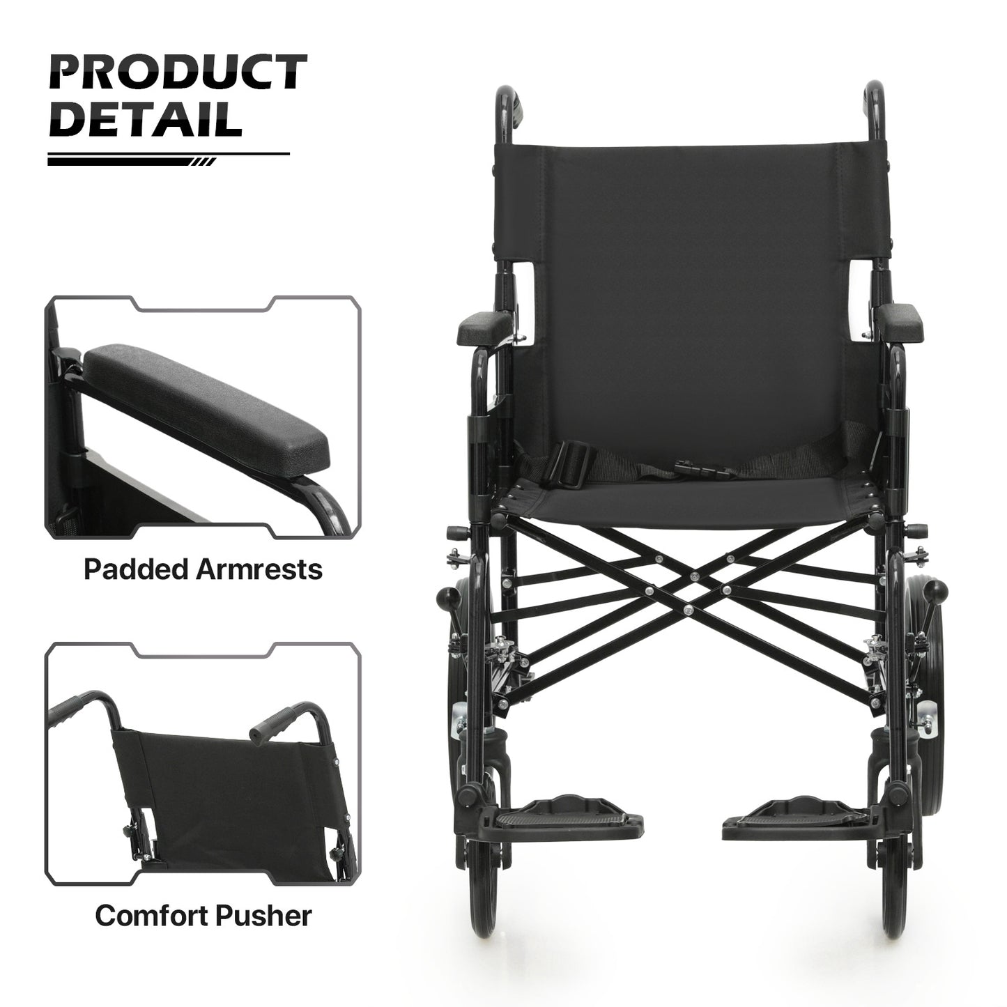 Transport Wheelchair - FDA Approved, PU Paded Armrest, Black