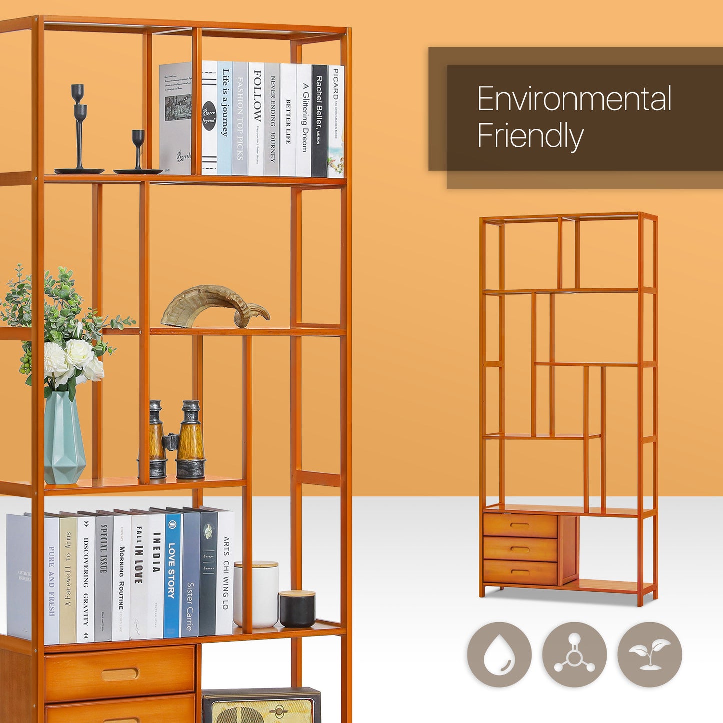 Oriental Vintage Antique Frame Display Shelf - 6 Tier - with Drawer - Brown