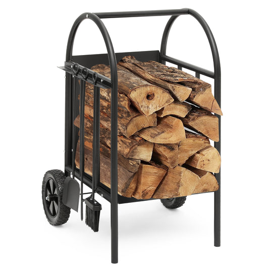 Rolling Firewood Rack - Log Storage Cart - with Poker, Shovel, Broom