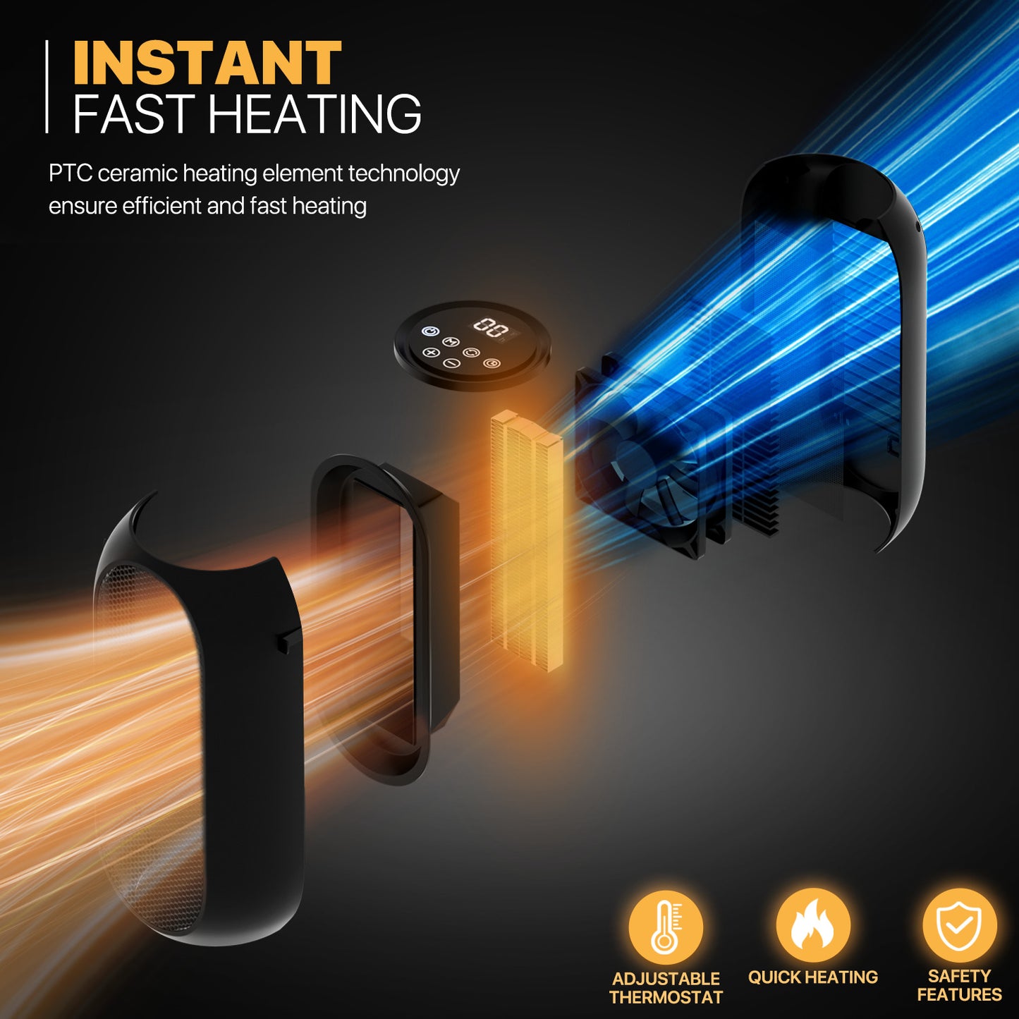 1200W Electric Portable PTC 160 sq.ft Space Heater - Digital Display