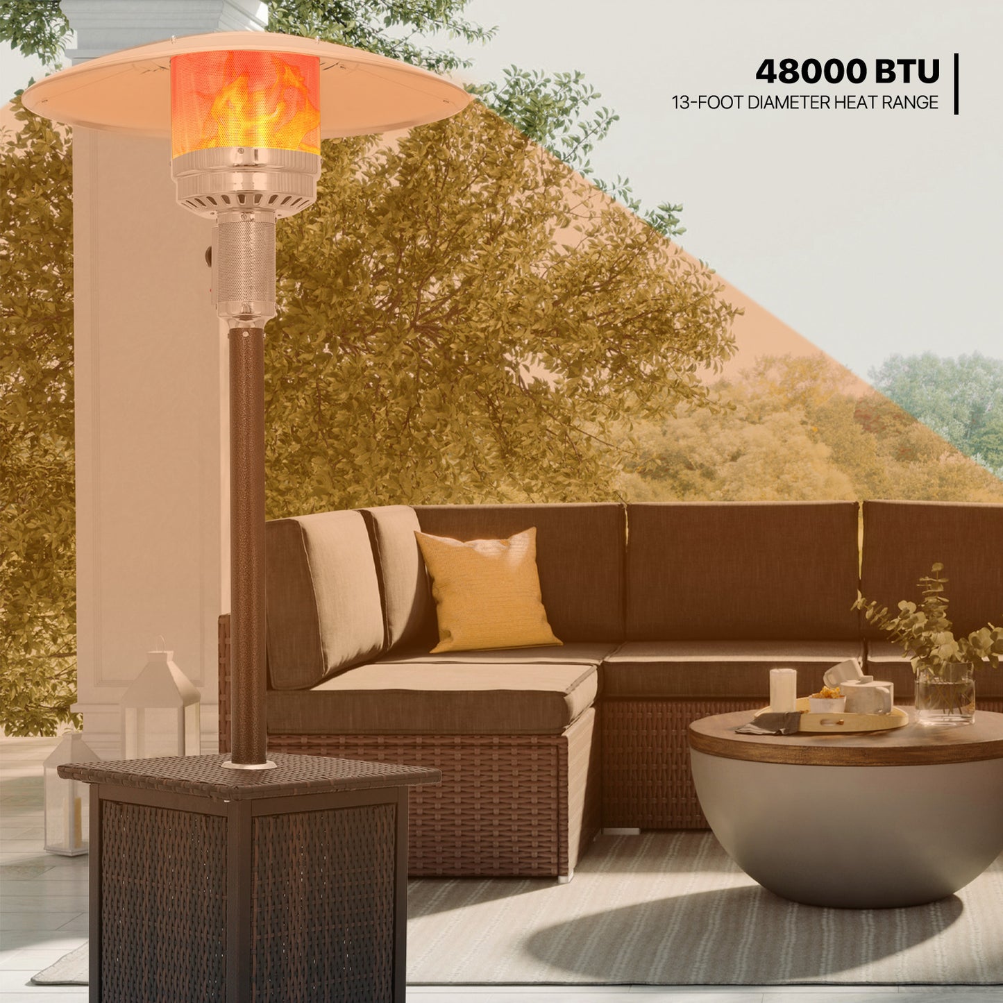 Outdoor 48,000 BTU Propane Patio Heater - w/PE Wicker Table - Anti-Tilt Protection