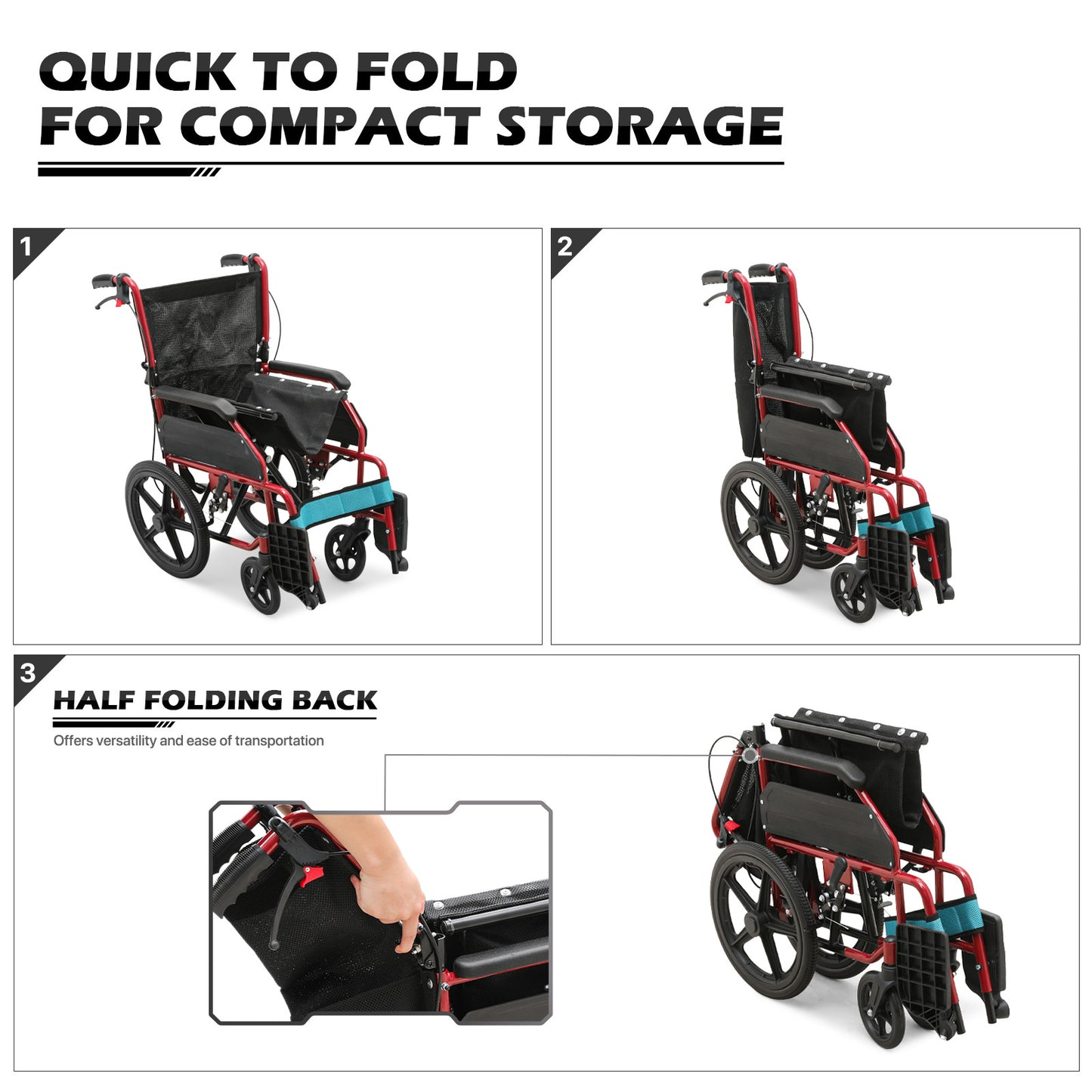 Transport Wheelchair - with Handbrake, Cushion - Red