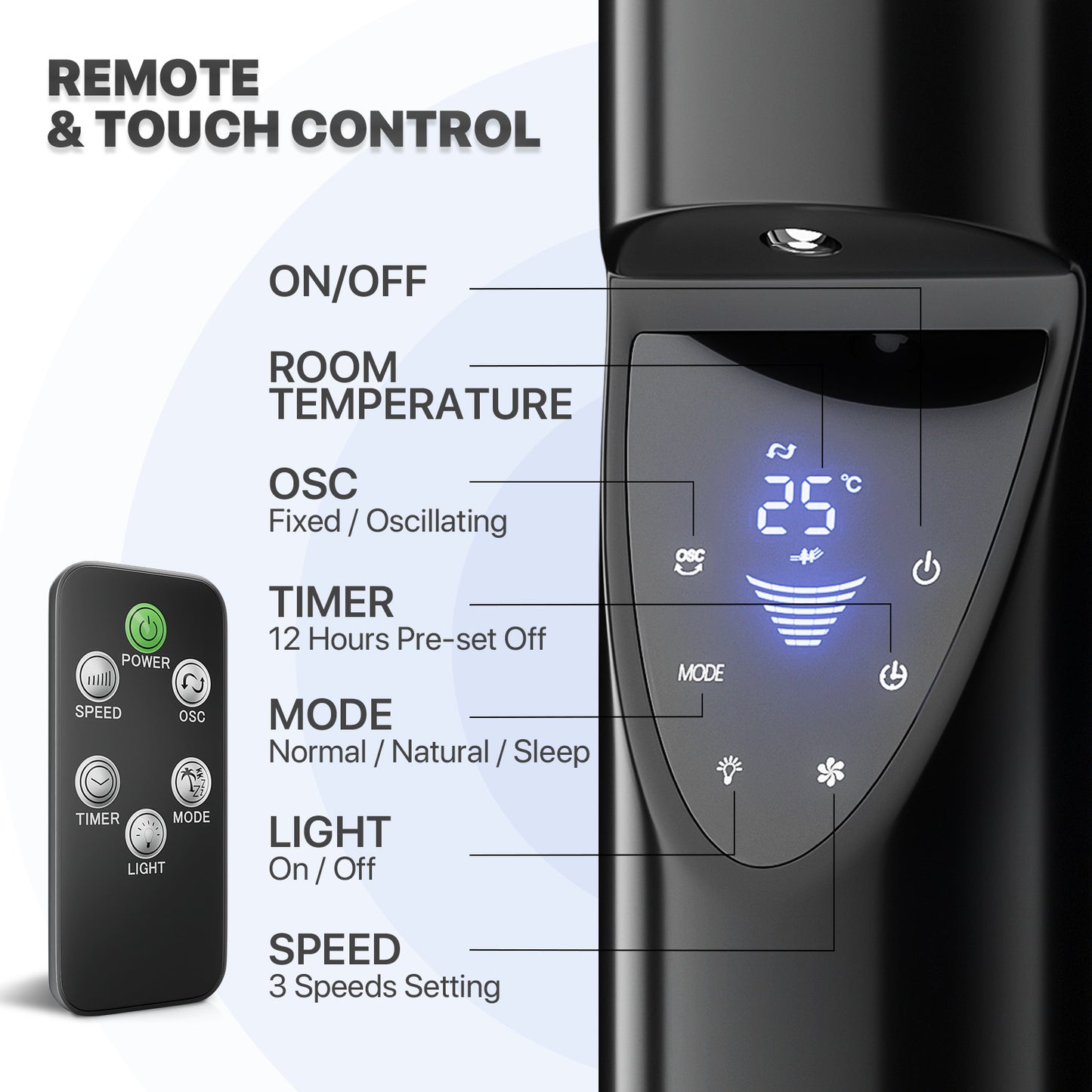 47" Tower fan 3 Speed - Room Temperature Display - Touch Screen Control - LED Down Light