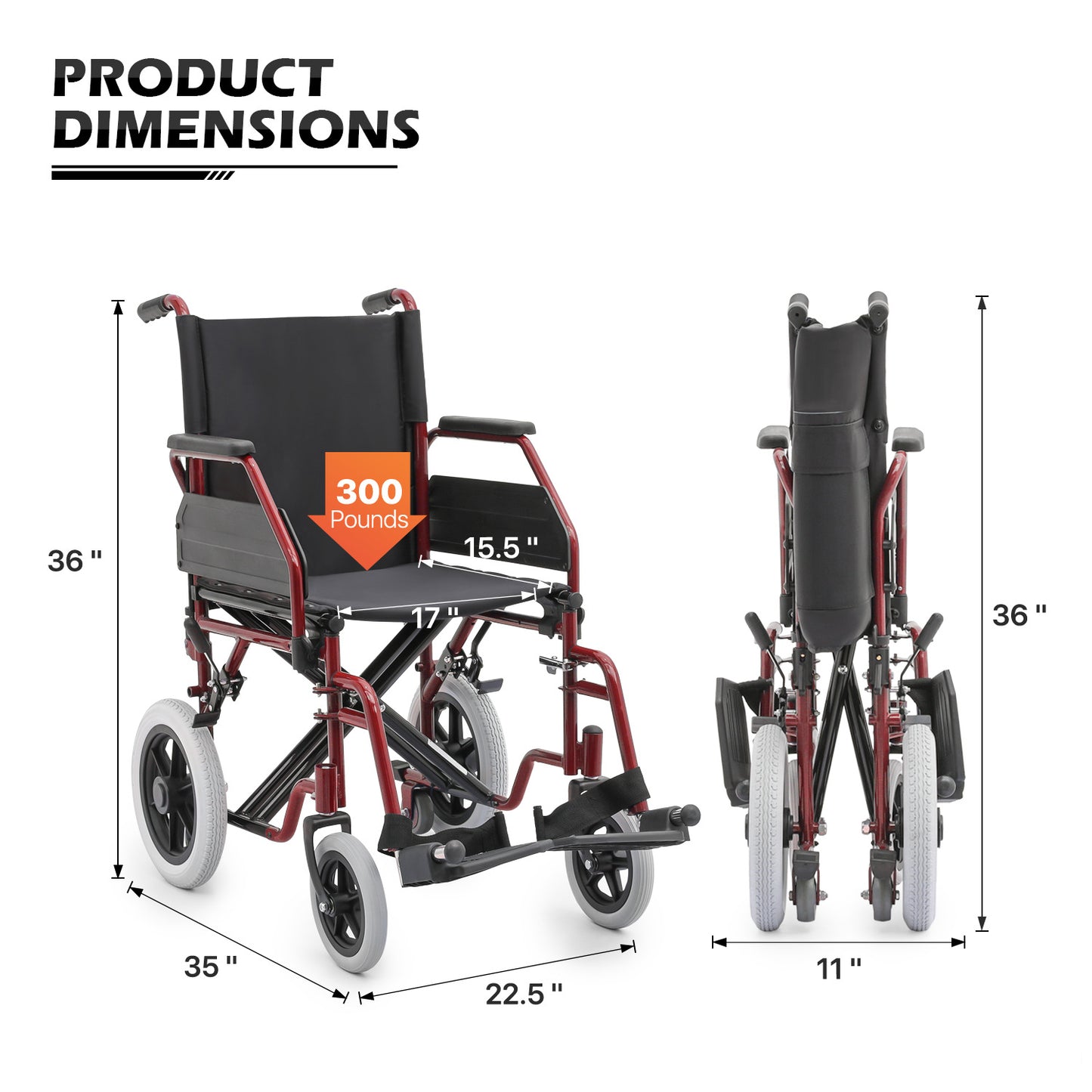 Transport Wheelchair - PU Solid Tyre - Red