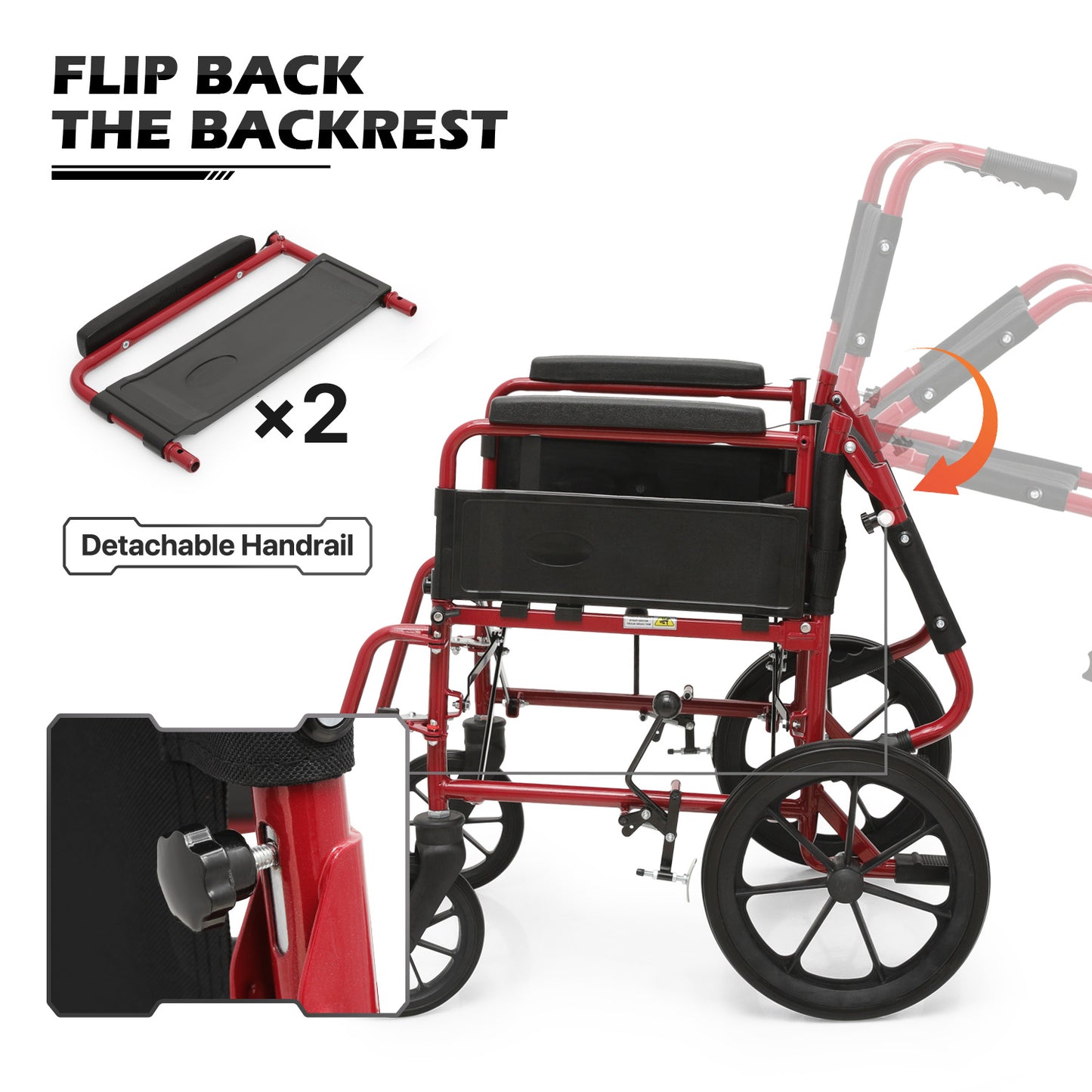 Transport Wheelchair - FDA Approved, PU Paded Armrest, Red