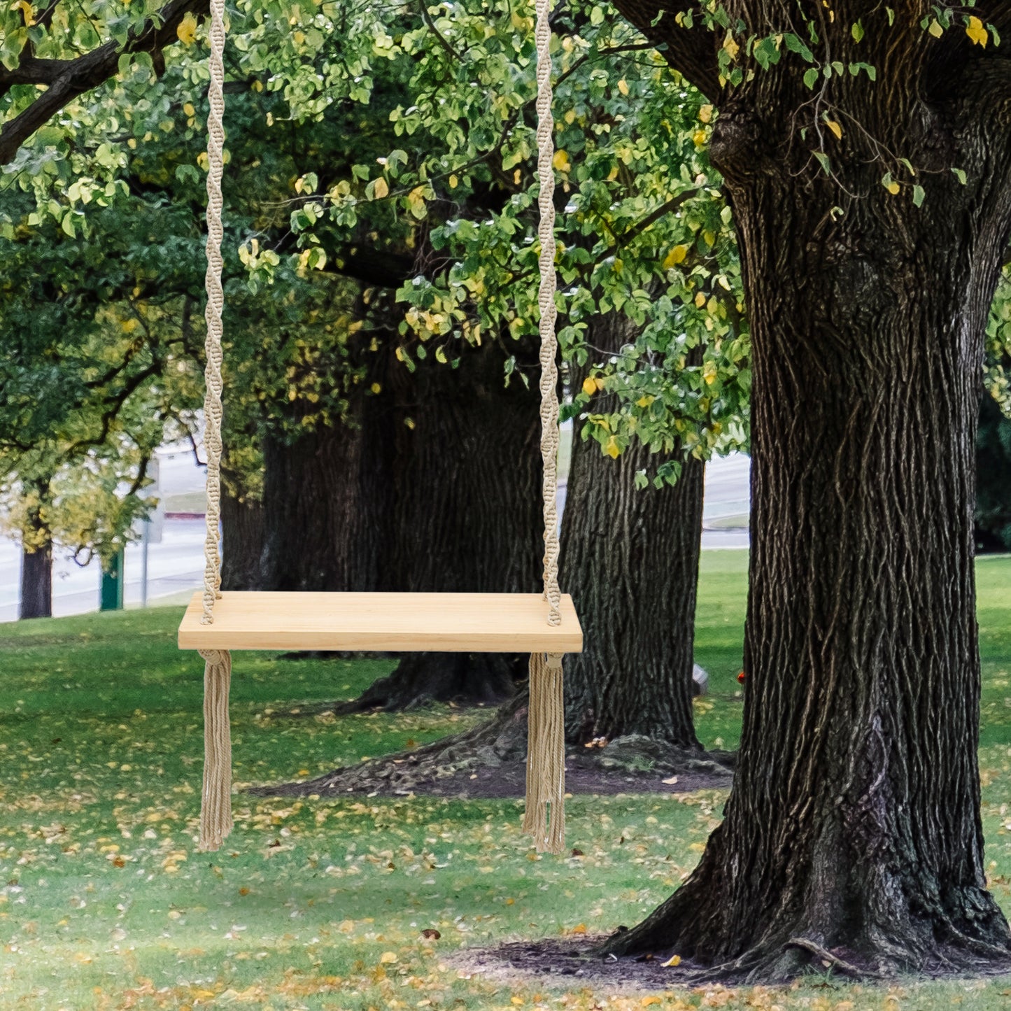 Swing Flat Bench - Adjustable Rope Hanging Seat with Tassels - Pine Wood