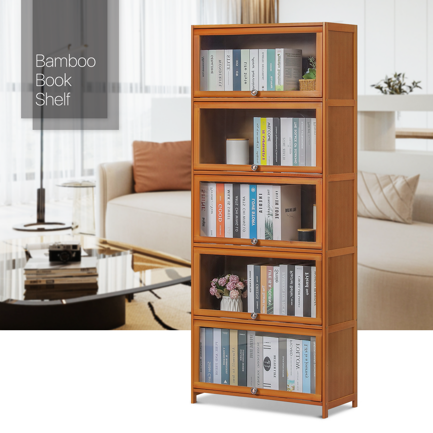 Slide Up Acrylic Panel Door Multi-Functional Storage Cabinet - 5 Tier - Brown