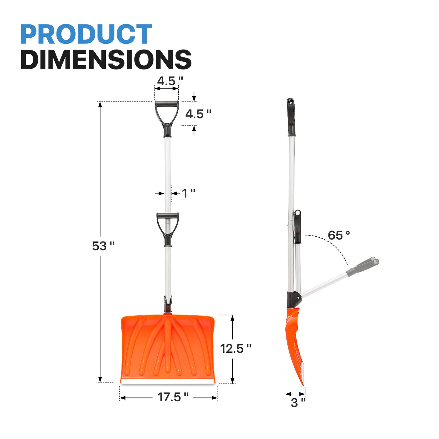 Snow Shovel - 4.4 FT Height - w/Spring Assisted Handle - Orange