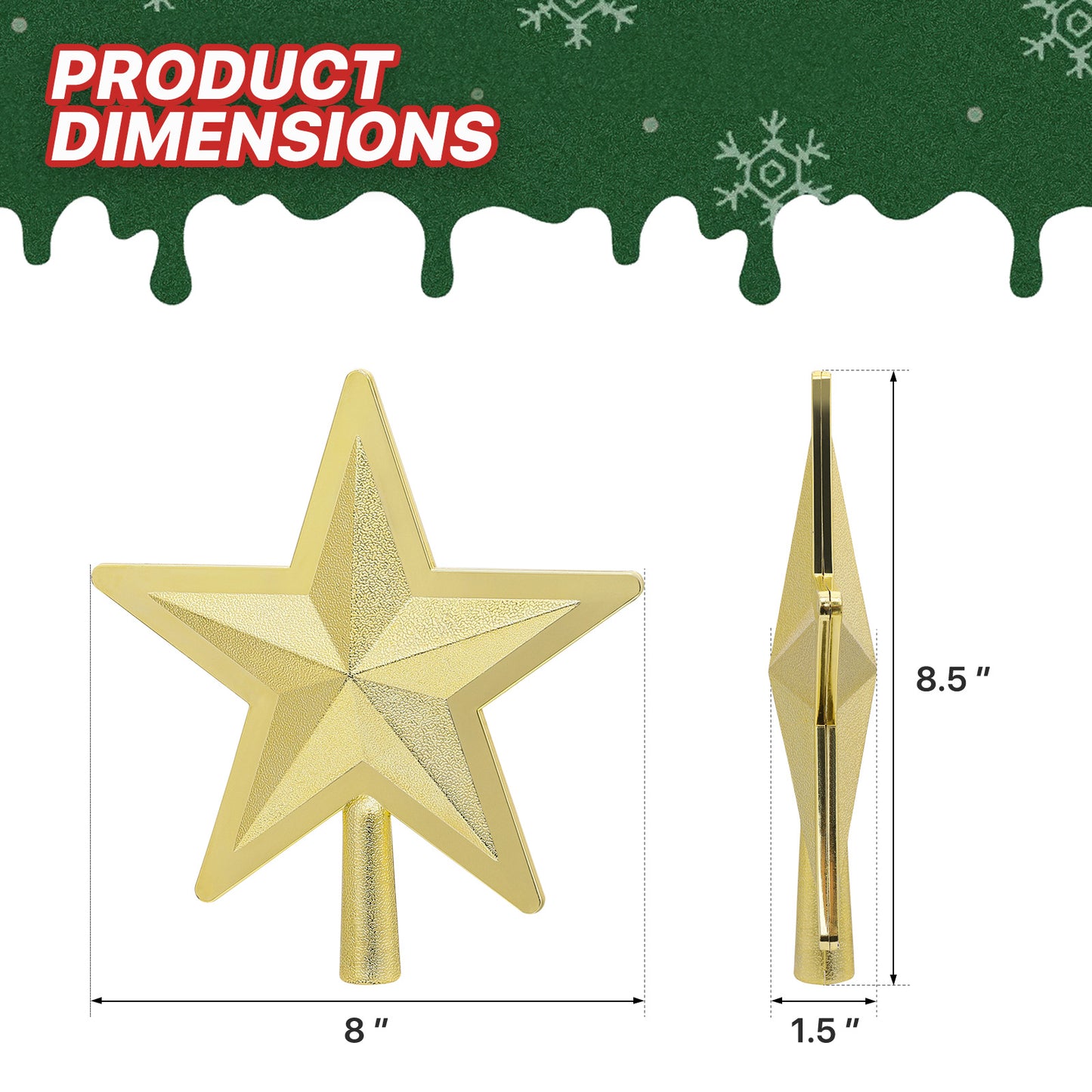 Tree Topper Star - 8.5'' Height - Shiny Glitter Surface - Gold