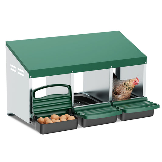 3 Holes Chicken Nesting Boxes - with Lid Cover and Pull Out Tray - Green