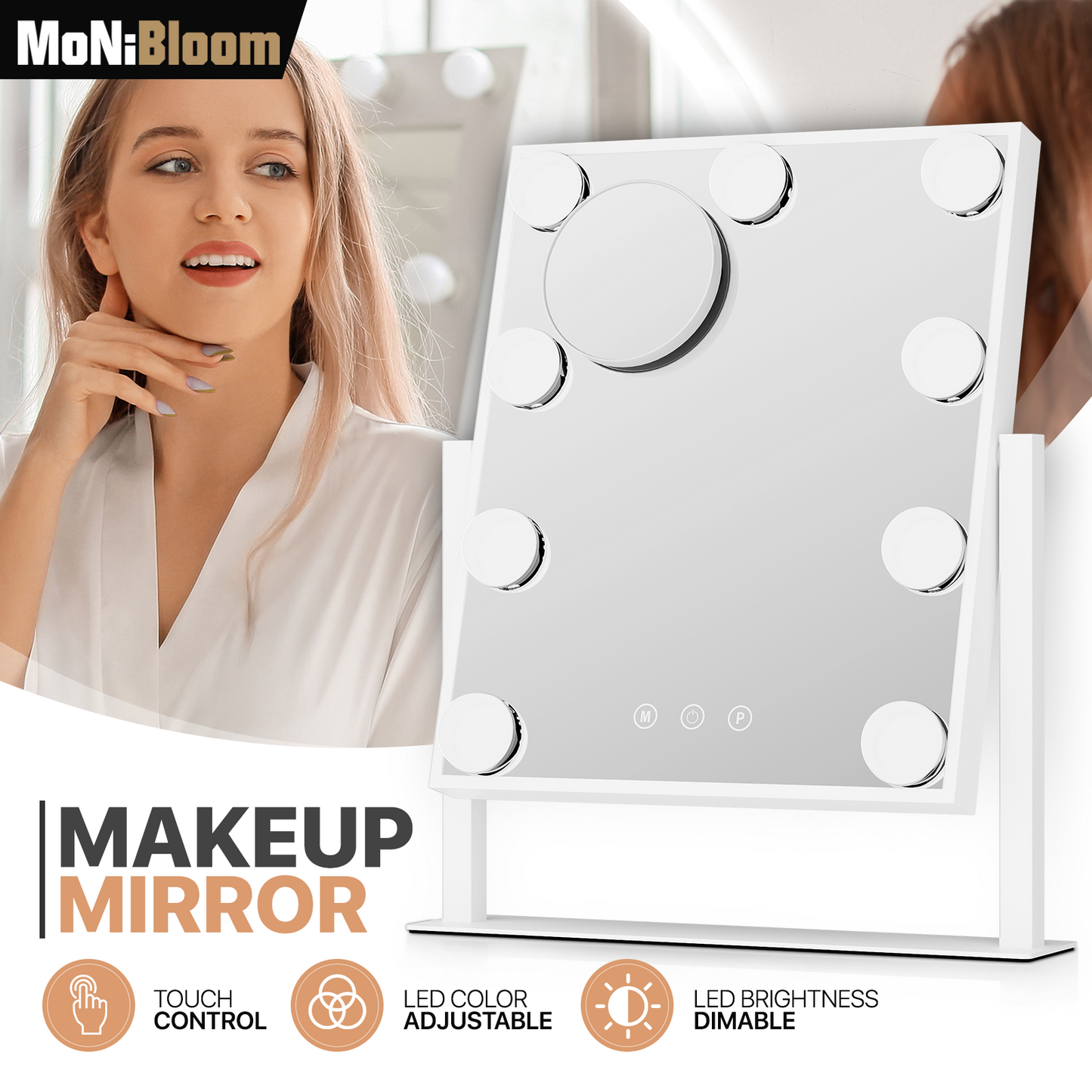 Rectangle 9 LED Plastic Bulb Vanity Mirror - 3 Color Lighting Mode - Brightness Adjustable - w/Detachable 5X Magnification Mirror