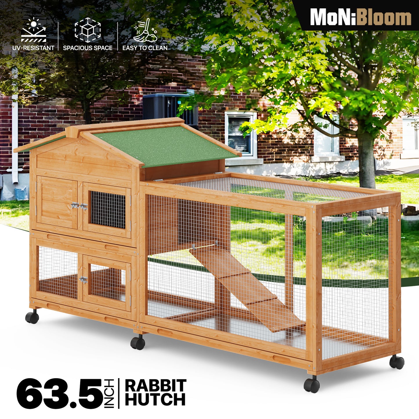 Wooden Chicken Coop Rabbit Hutch - House Shape - 63.5'' Length - w/6 Wheels
