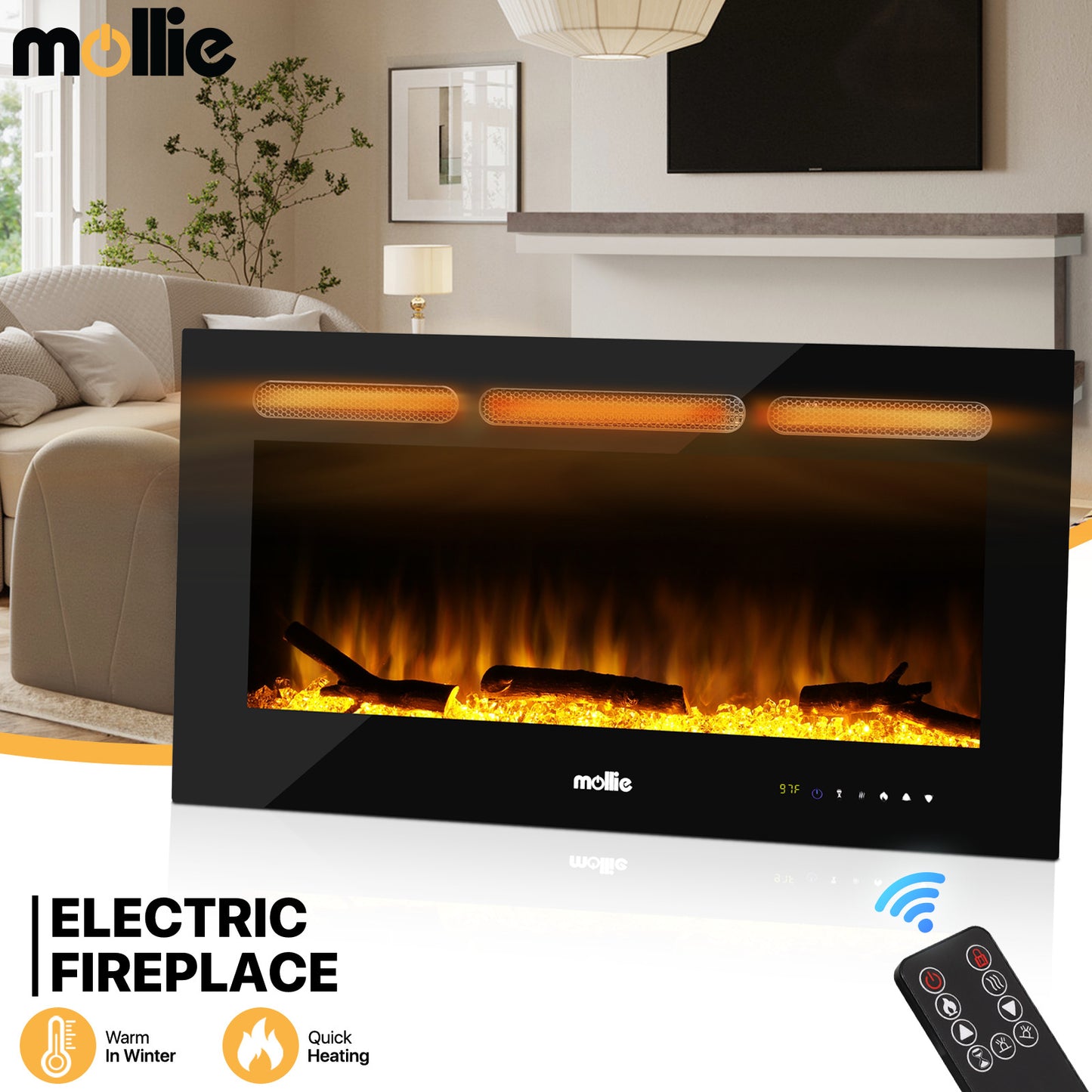 36" Wall Mounted Electric Fireplace - 1400W Space Heater - 8 Flame Colors 4 Brightness Level - with Remote