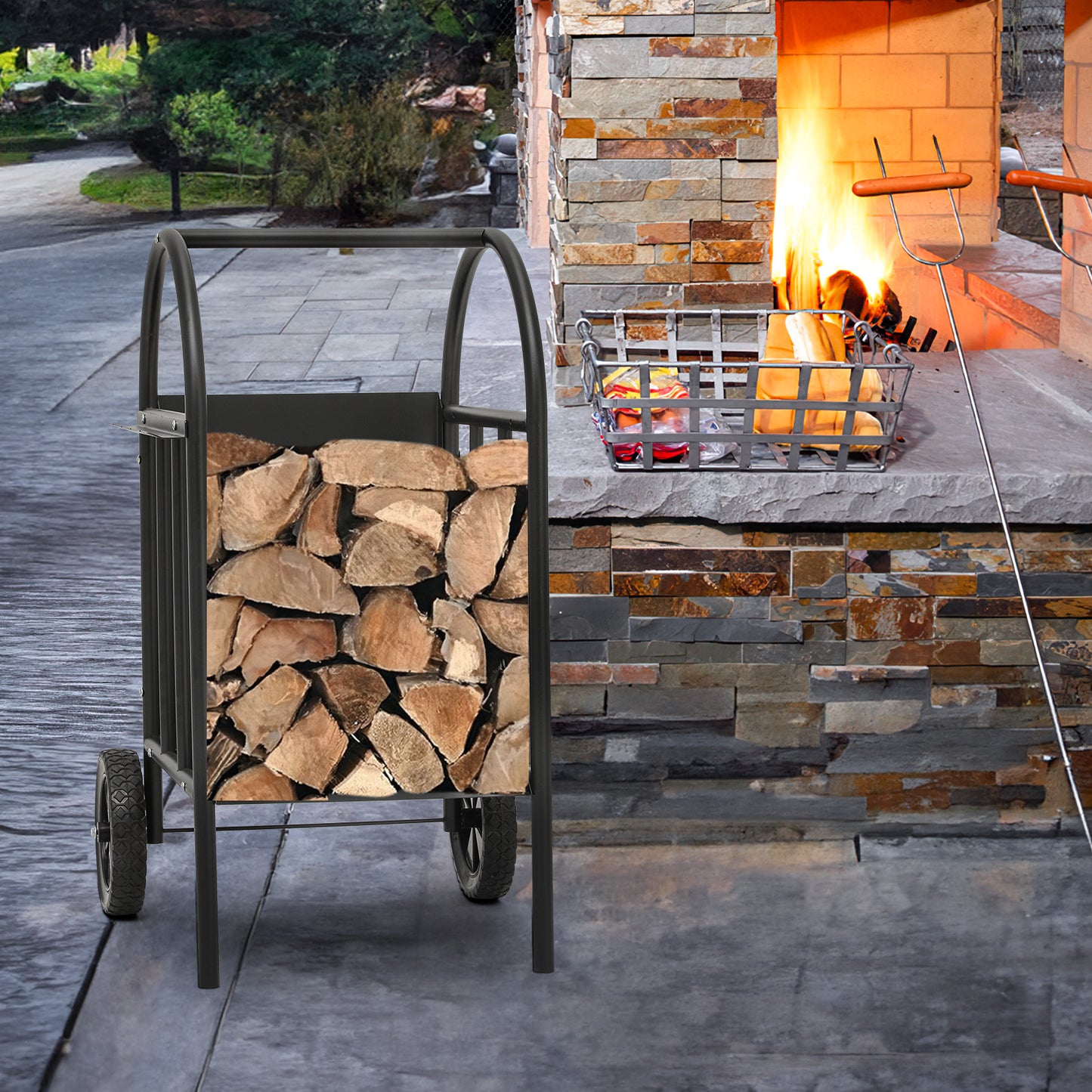 Rolling Firewood Rack - Log Storage Cart - with Poker, Shovel, Broom