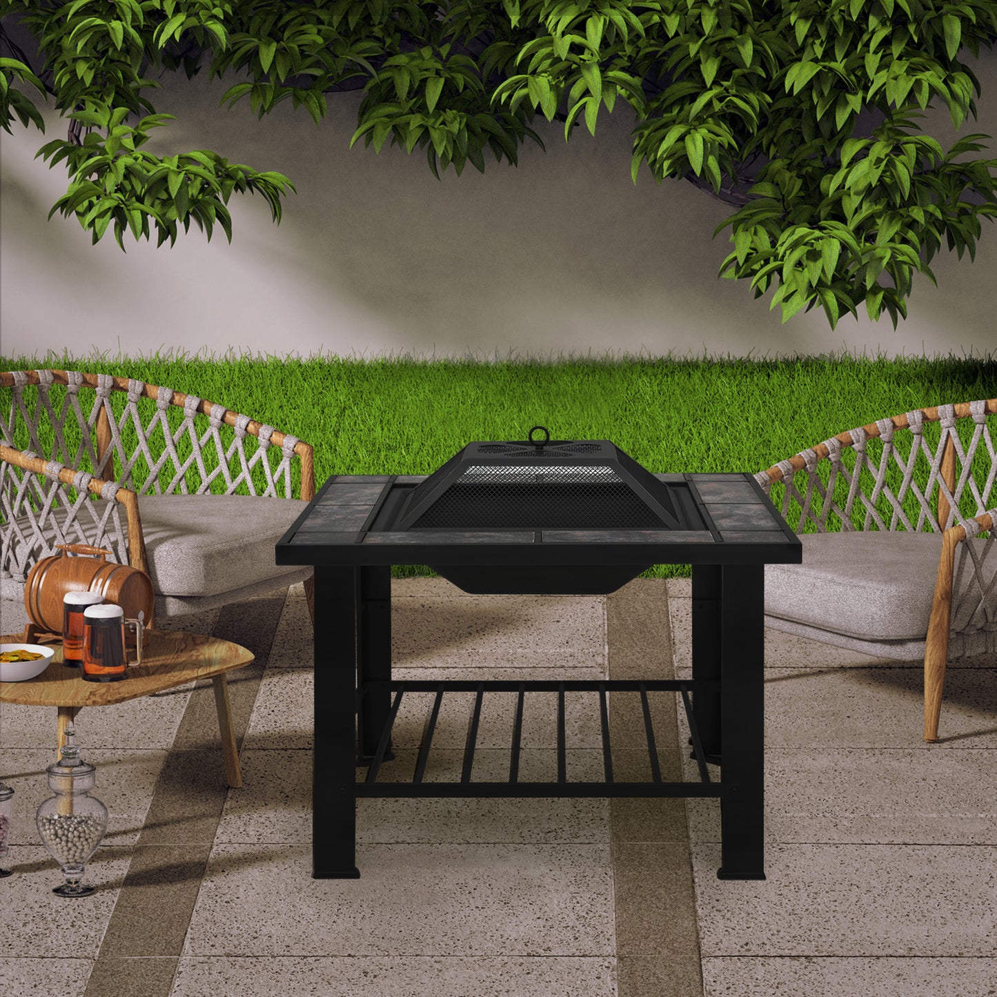 30" Square Fire Pit Table w/Log Grate & Poker & Spark Screen