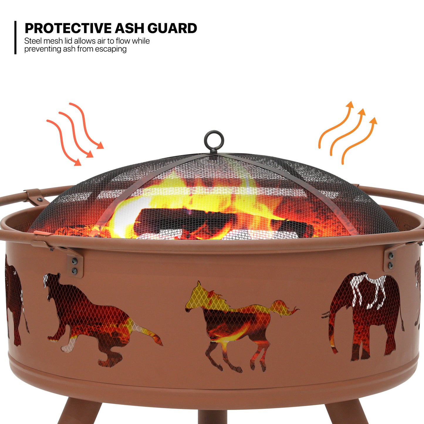 32" Horse Pattern Round Fire Pit w/Poker & Spark Screen