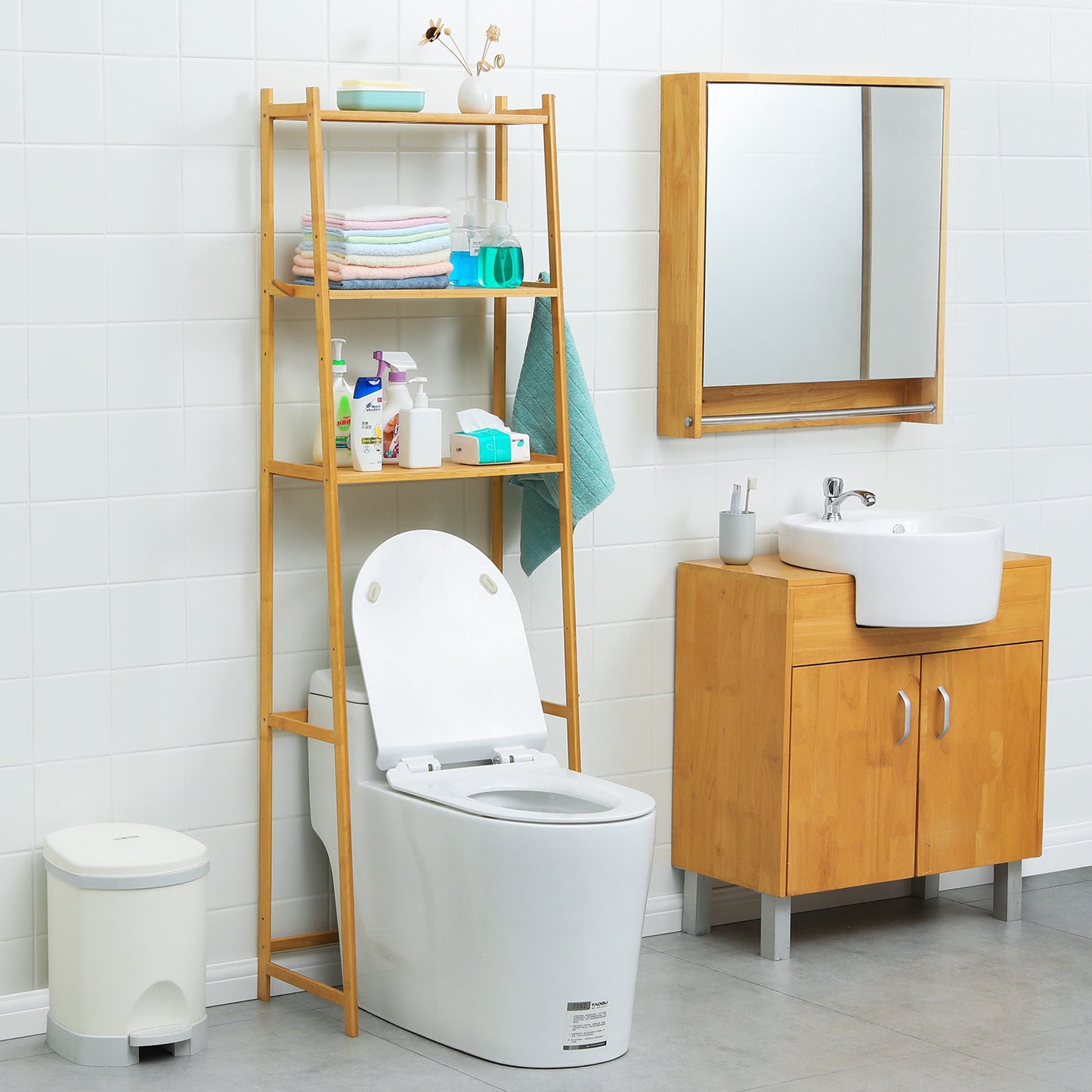 Over Toilet Storage Rack - with Hooks - Natural