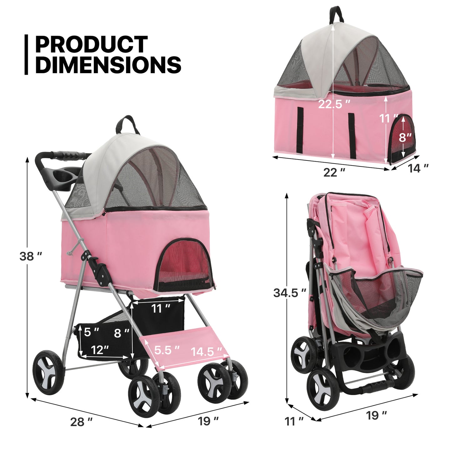 4 Wheels Pet Stroller - 28*19*38 inch - Detachable Basket