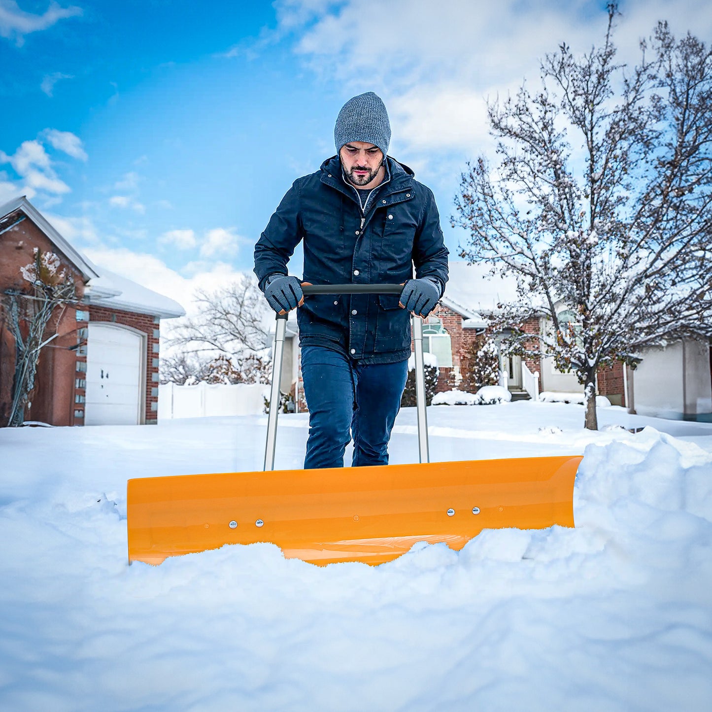 Snow Shovel Pusher for Driveway - 3.5 FT Height - w/ 2*7inch Wheel - Yellow