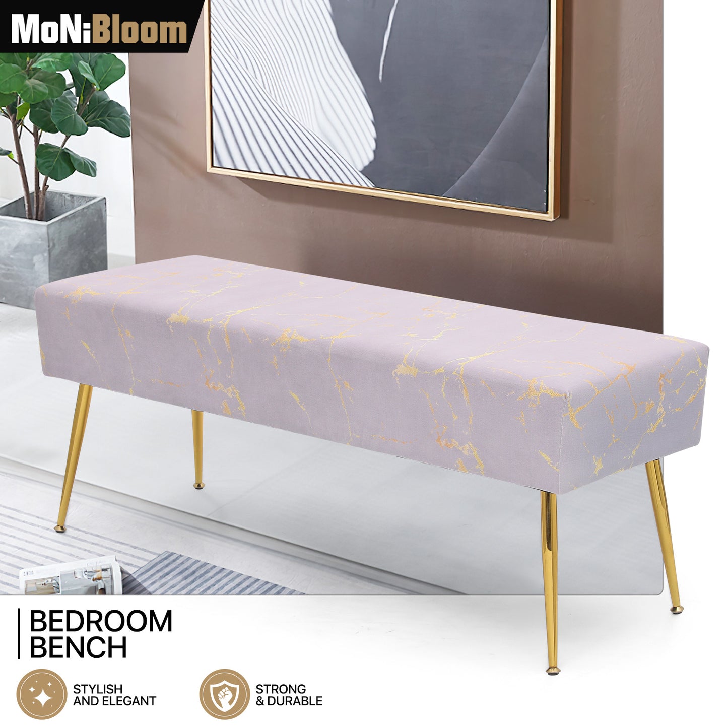 Velvet Tufted Upholstered Ottoman Bench Footstool Marbling Microfiber Seat