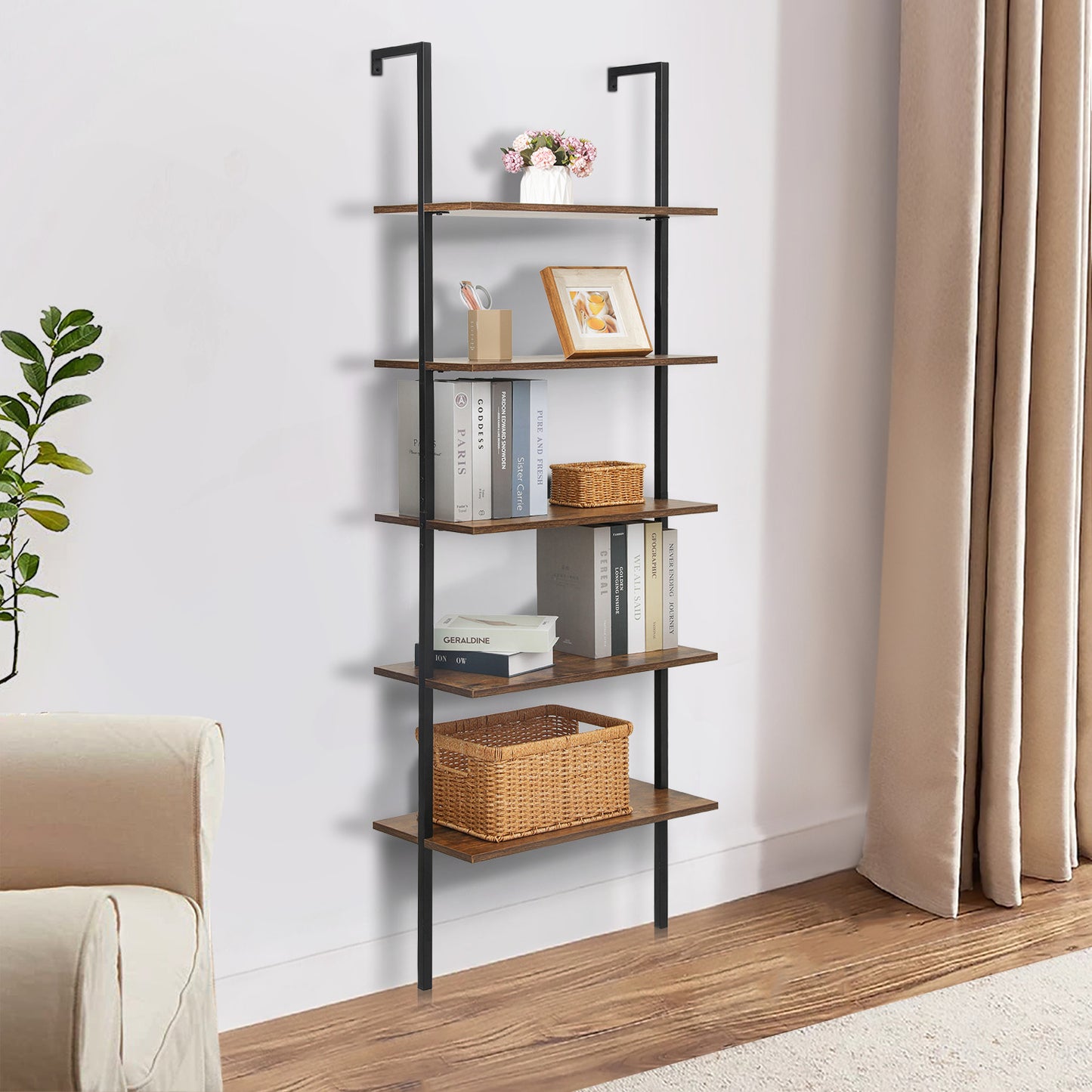 Wall Mounted Bookshelf 24"x12"x72.5" - 5 Tier