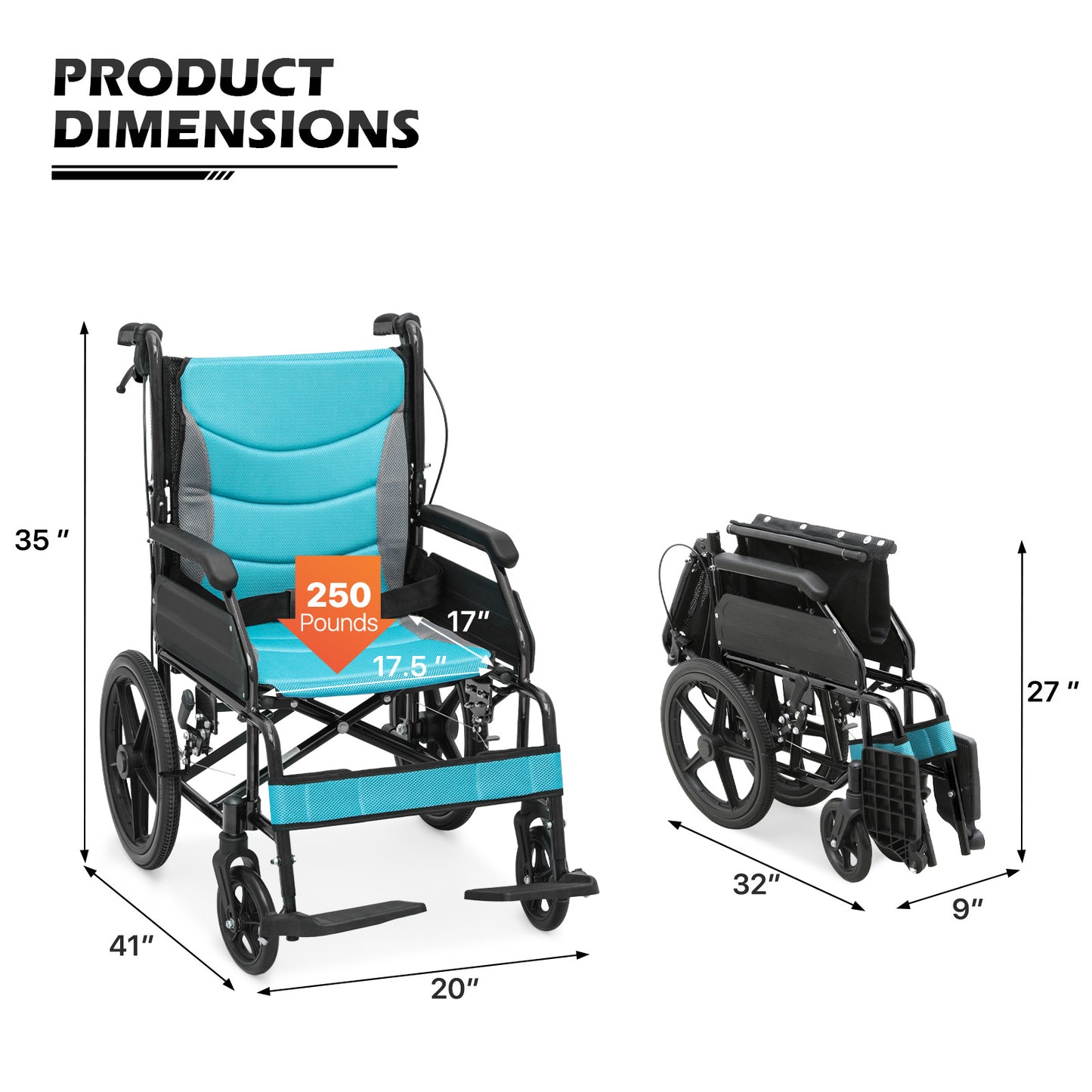 Transport Wheelchair - with Handbrake, Cushion - Black