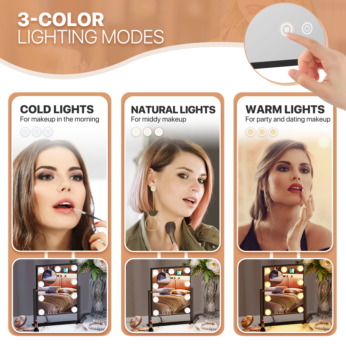 Rectangle 9 LED Plastic Bulb Vanity Mirror - 3 Color Lighting Mode - Brightness Adjustable - w/Detachable 5X Magnification Mirror