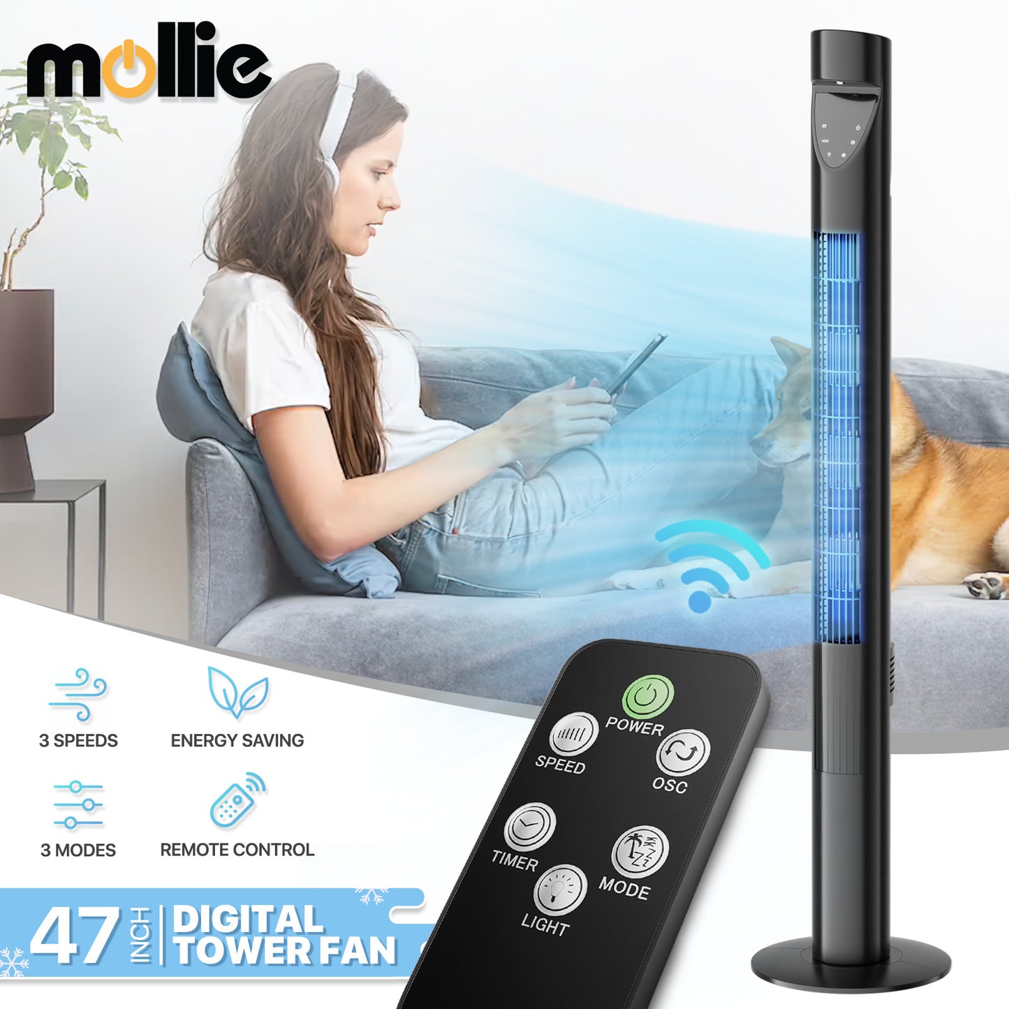 47" Tower fan 3 Speed - Room Temperature Display - Touch Screen Control - LED Down Light