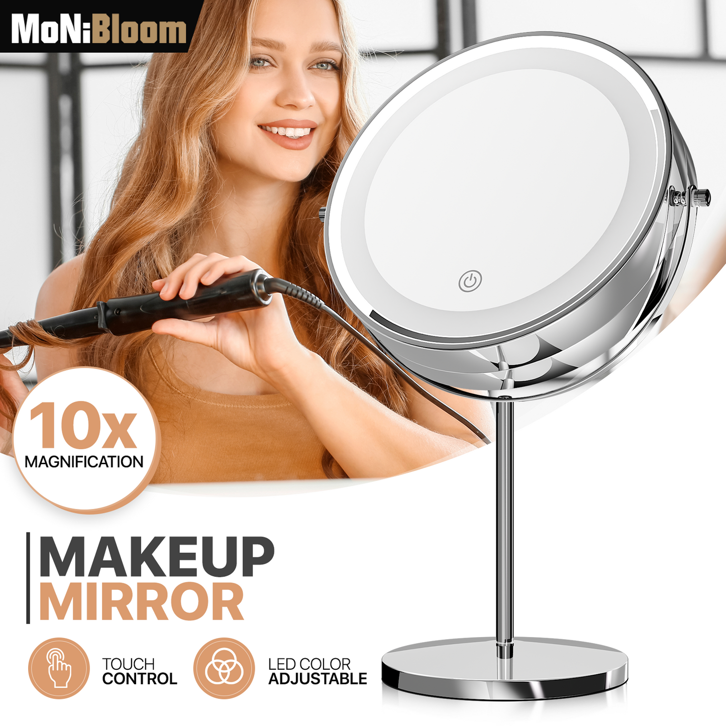 Double Sided Vanity Mirror - Round 8" Diameter - 3 Color Lighting Mode - 1x/10x Magnification Mirror