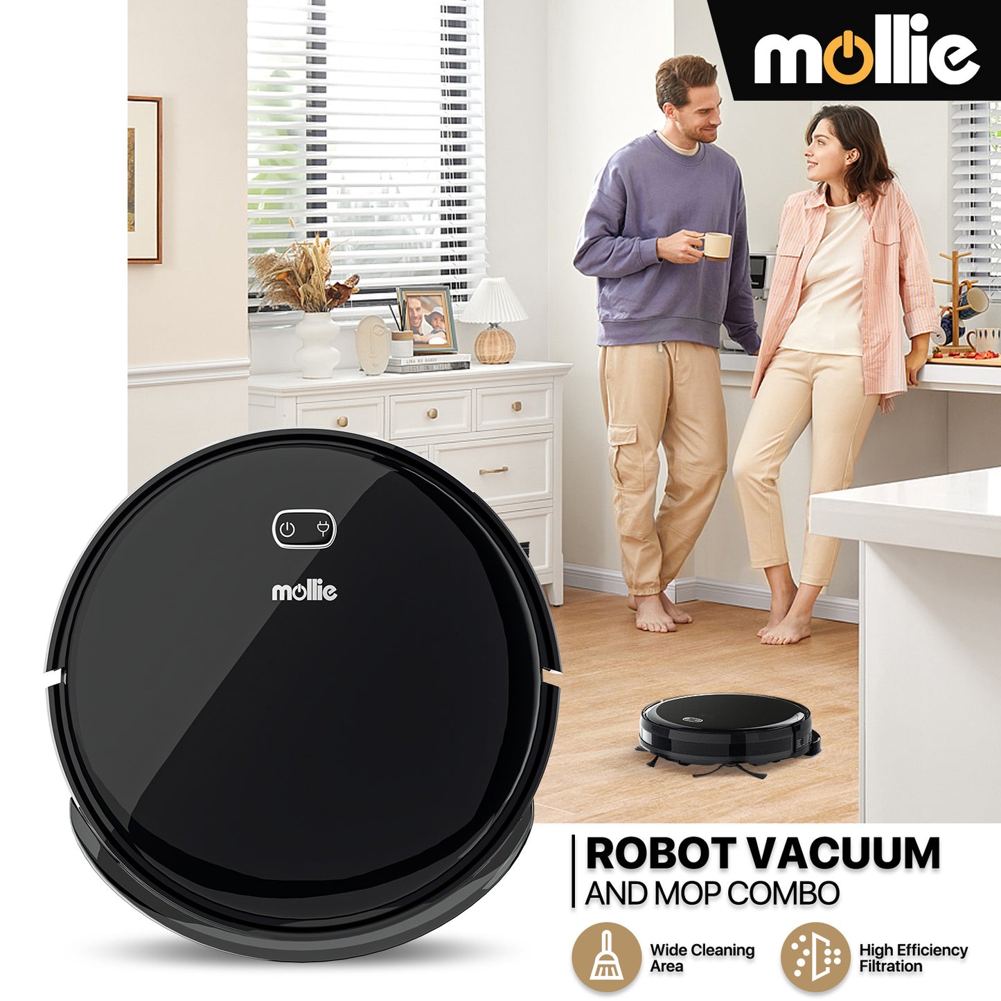 Robot Vacuum - 500ml Dustbin - 150ml Water Tank - w/Dry Mop+Remote Control - Black
