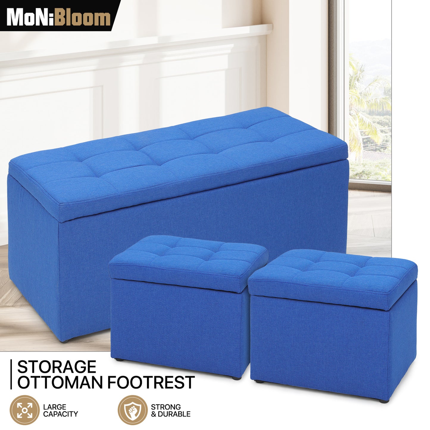Set of 3 Lift top Storage Ottoman Bench Upholstered Footrest w/2 Cube Stool
