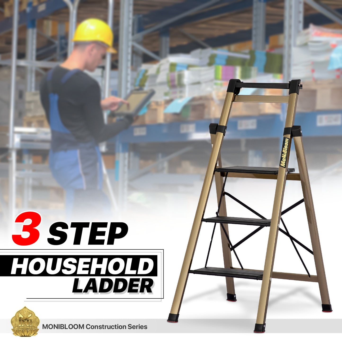 Folding Step Ladder w/Tool Tray - 3 Steps 3.71 ft/44.5", Black/Gold