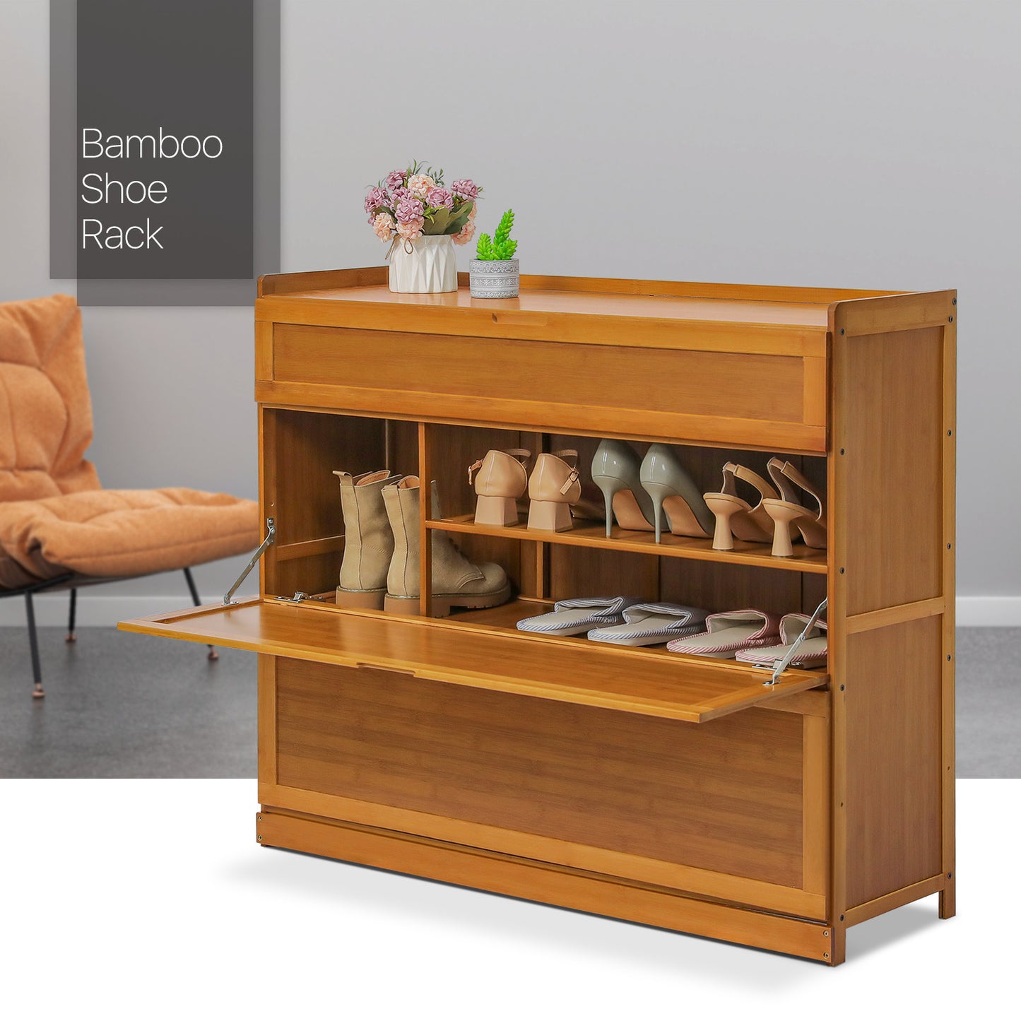 Drop Down Door Entryway Shoe Cabinet - with Boot Compartment  - Brown