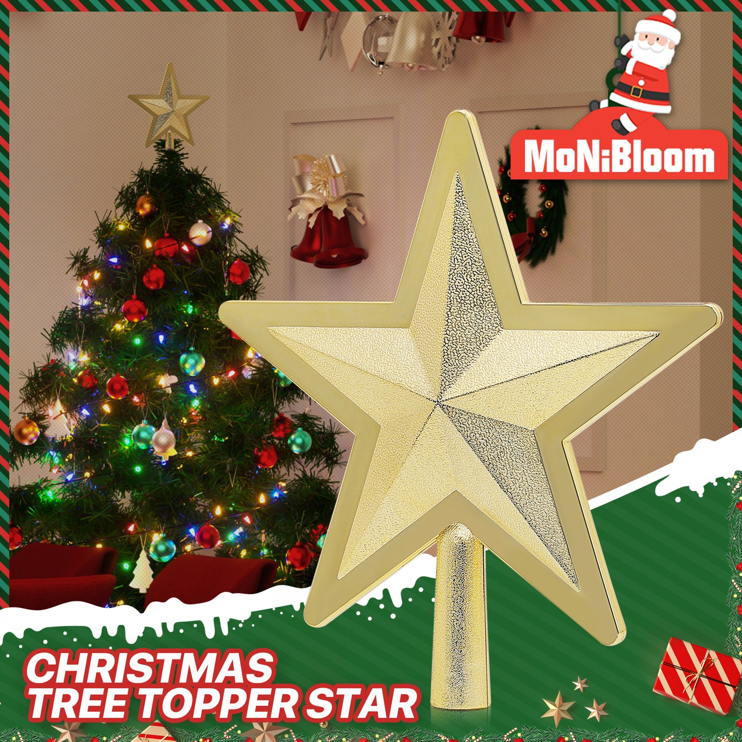 Tree Topper Star - 8.5'' Height - Shiny Glitter Surface - Gold