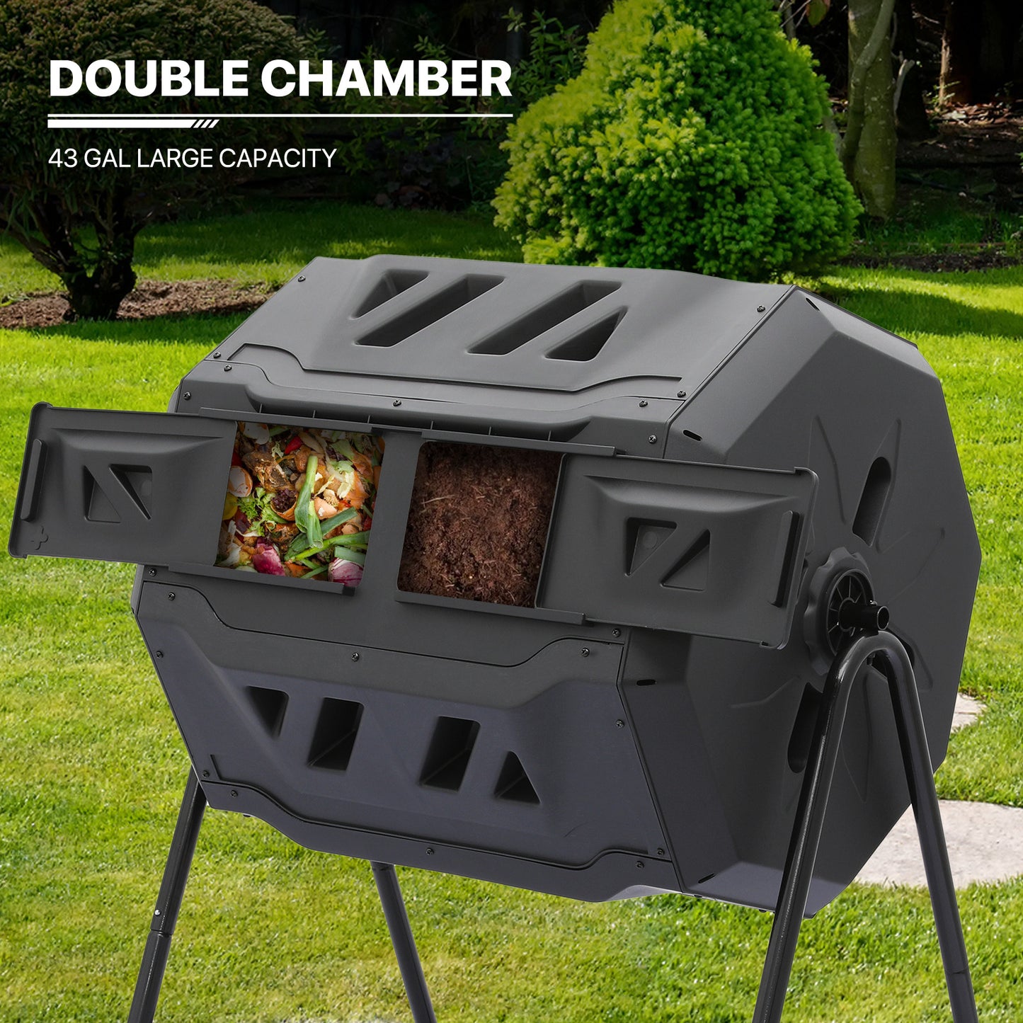 43 Gallon Dual Chamber Compost Bin - 2 Sliding Doors - with Gloves