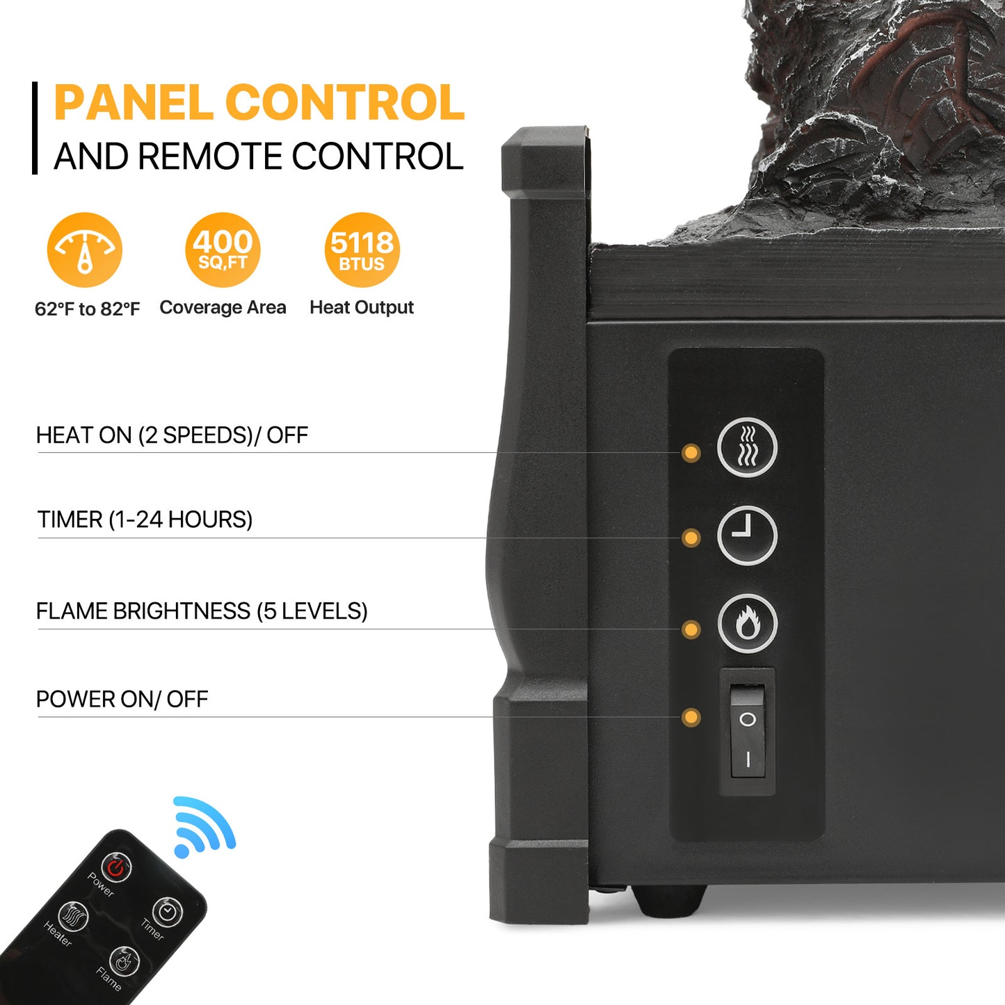 Electric Fireplace - 1500W Space Heater - Logs and Inserts - 5 Level Flame Brightness - with Remote