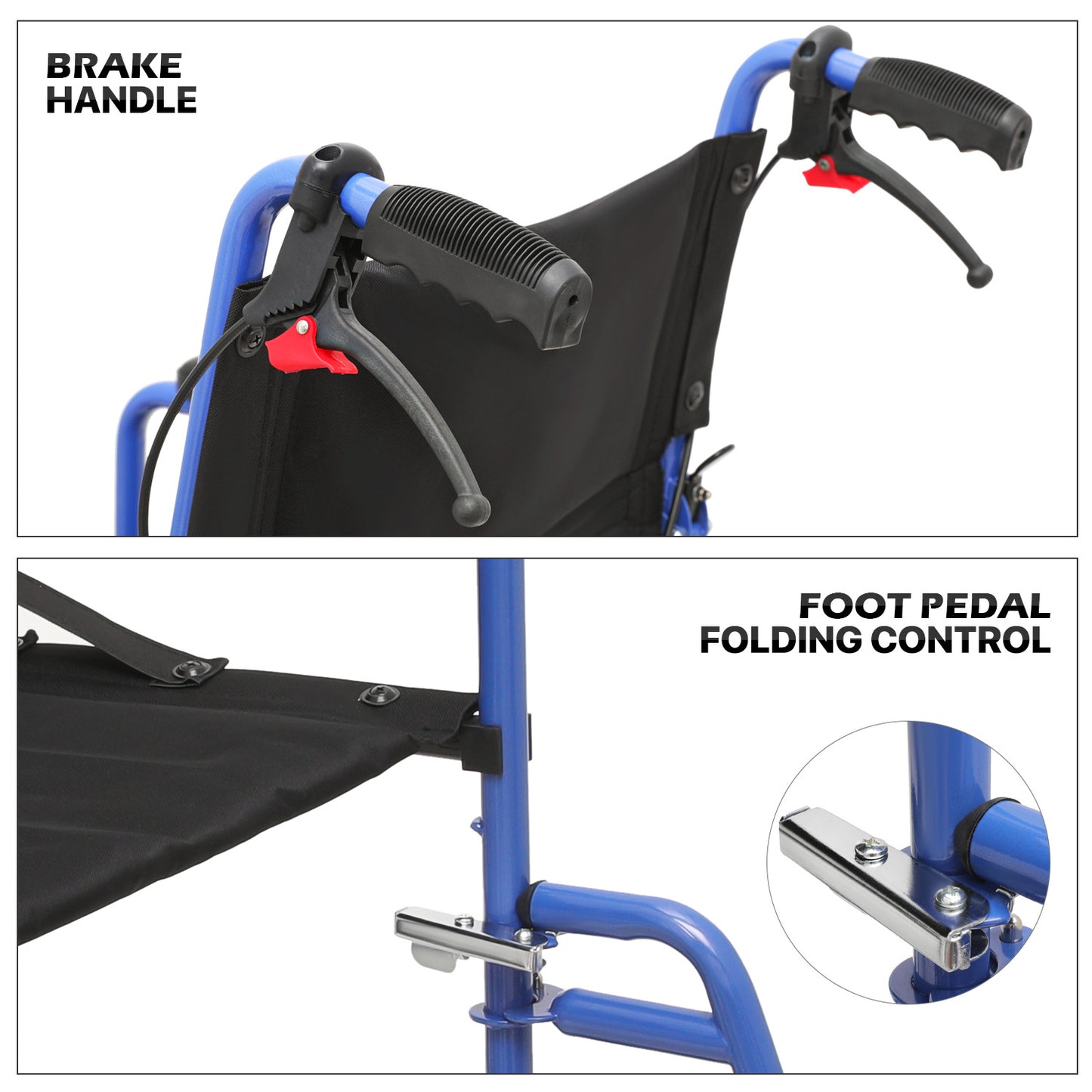 Lightweight Transport Wheelchair - FDA Approved, with Handbrakes, Blue