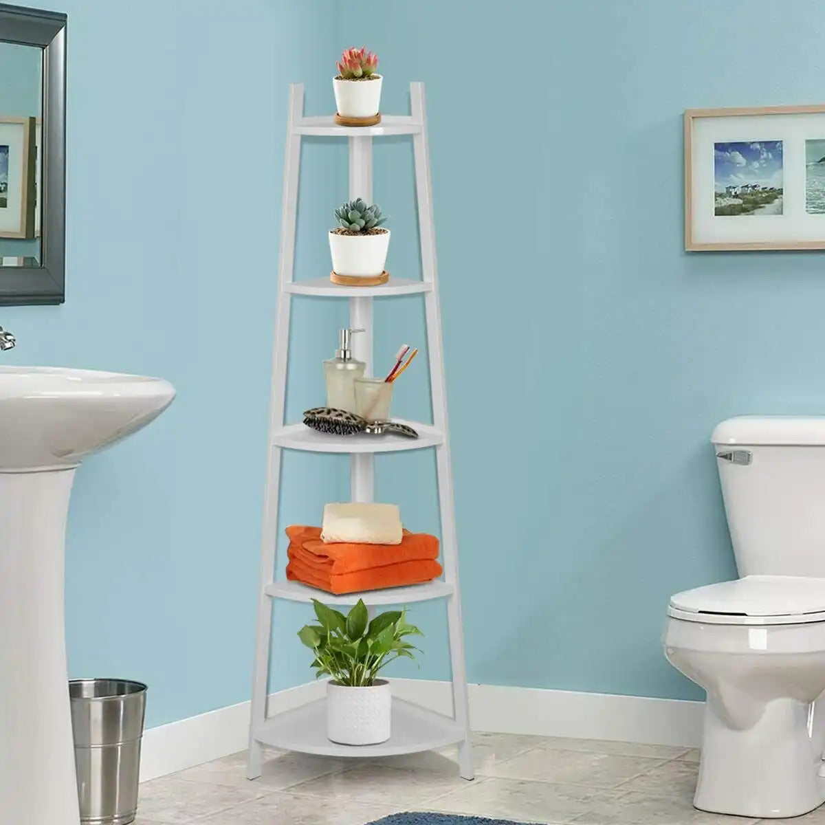 5 Tier Bamboo Corner Shelves - White