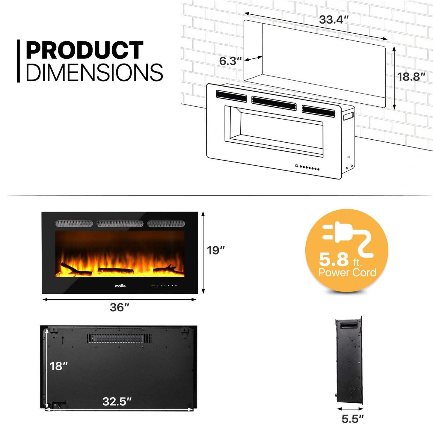 36" Wall Mounted Electric Fireplace - 1400W Space Heater - 8 Flame Colors 4 Brightness Level - with Remote
