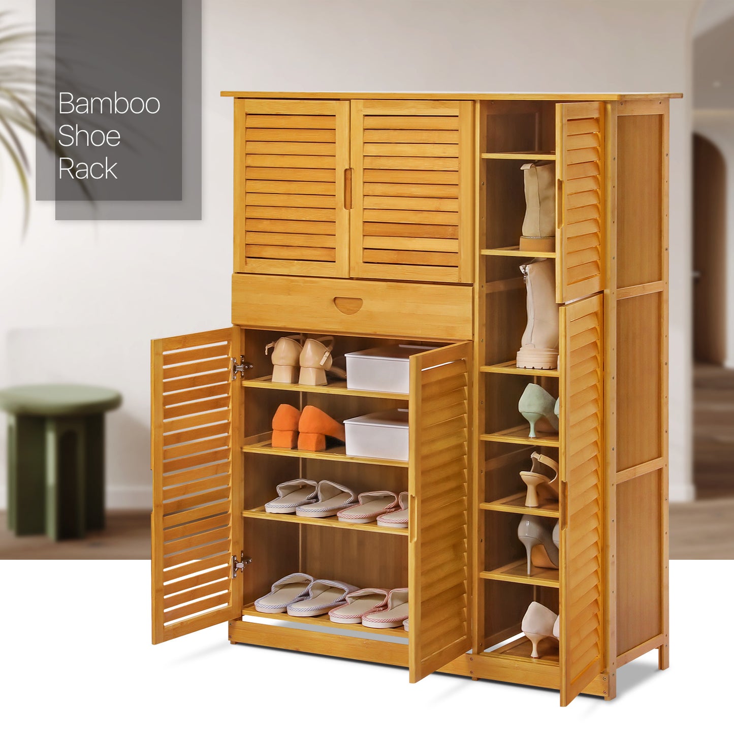 Louver Panel Shoe Cabinet - 40" - 8 Tier - with Drawer