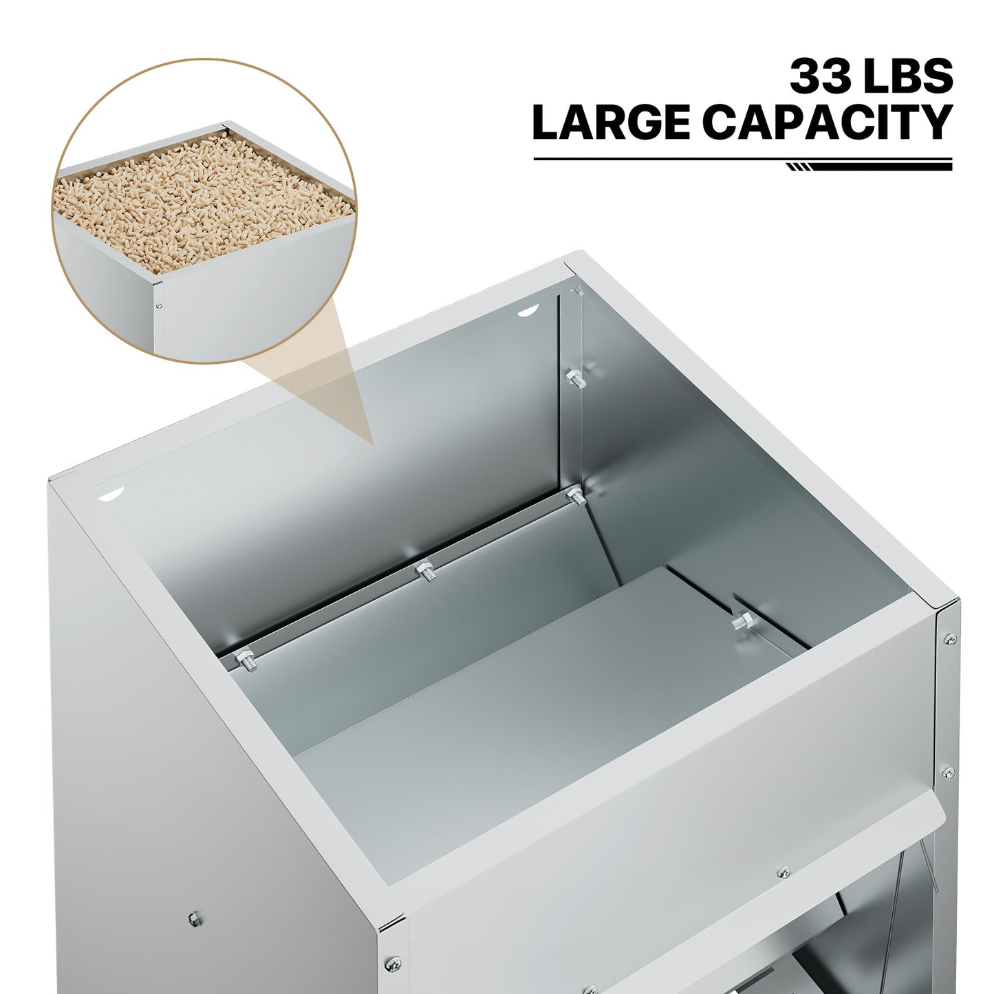 Automatic Chicken Feeder - 33lbs Capacity - Silver - with Waterproof Lid