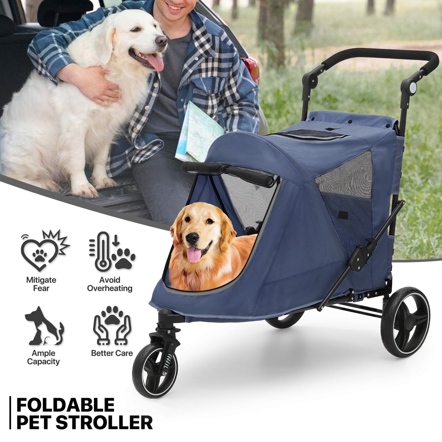 3 Wheels Pet Stroller - 41*23*39.5 inch - Angle Adjustable Handlebar