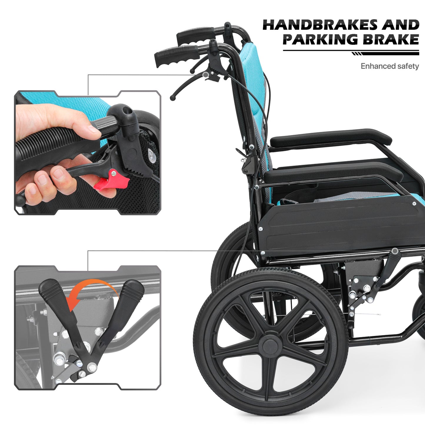 Transport Wheelchair - with Handbrake, Cushion - Red