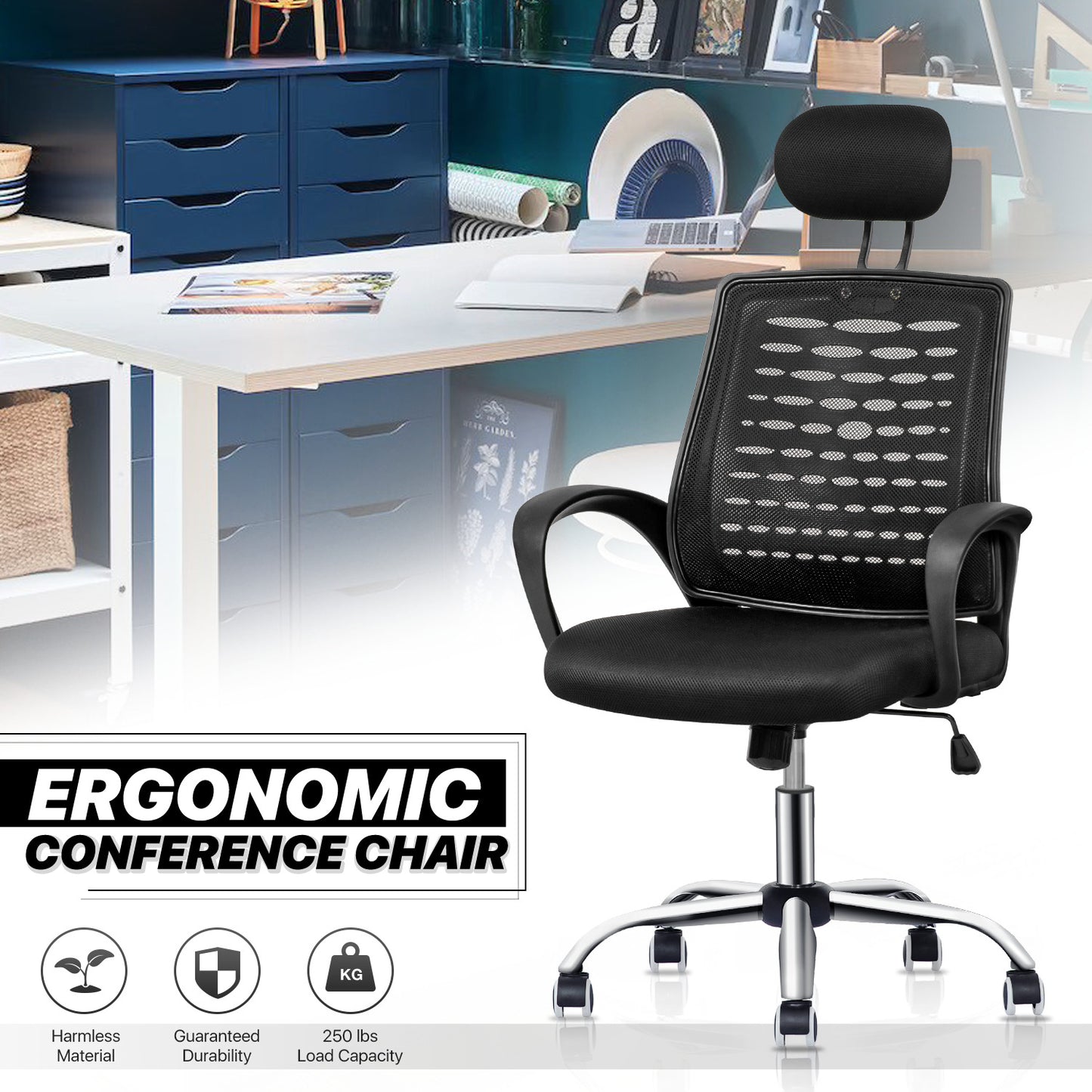 Mesh Task Chair with Headrest - Black - 29" x 47" Studded Mat Set