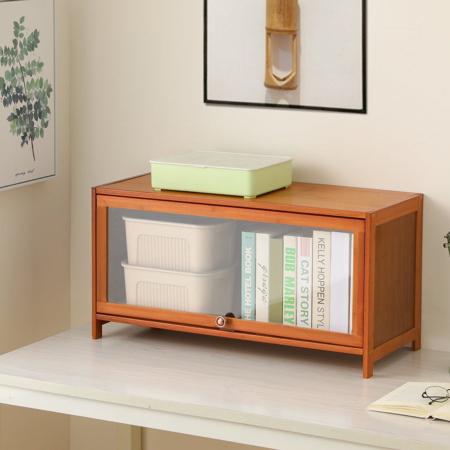Visible Slide Up Door Bookcase - Bamboo/Acrylic - Brown
