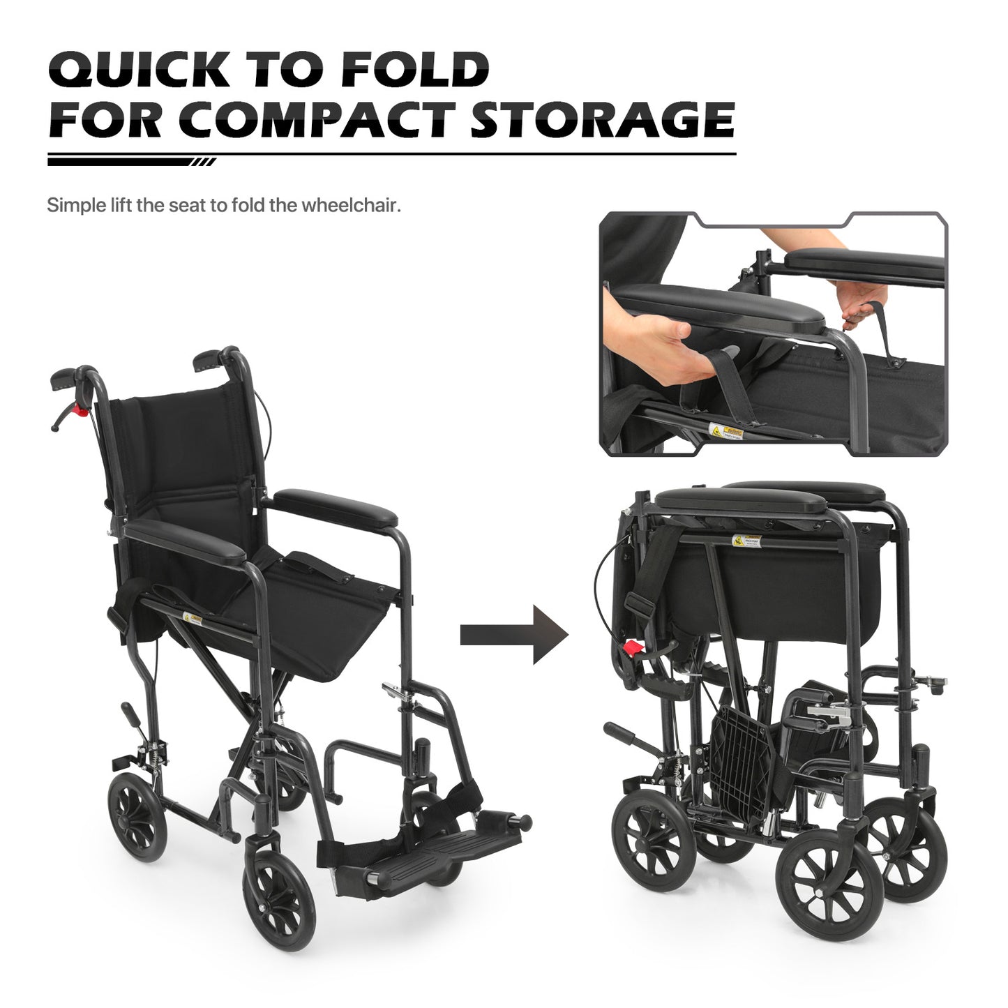 Lightweight Transport Wheelchair - FDA Approved, with Handbrakes, Black