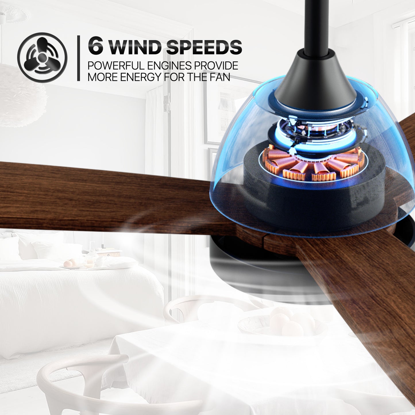 52" LED Ceiling Fan - 3 Blades - 3 Color Changing - 6 Speeds w/2 Down Rods