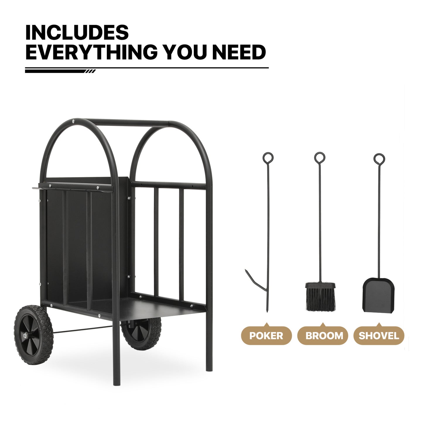 Rolling Firewood Rack - Log Storage Cart - with Poker, Shovel, Broom