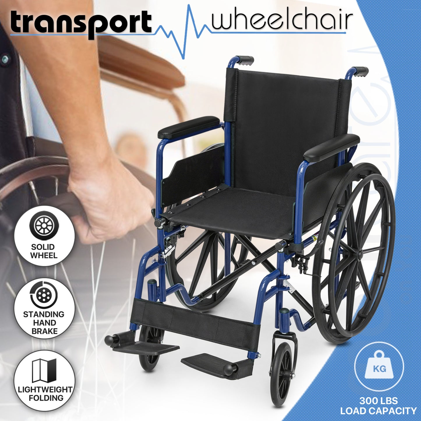 Manual Wheelchair - Blue, FDA Approved - 18"x16" Seat